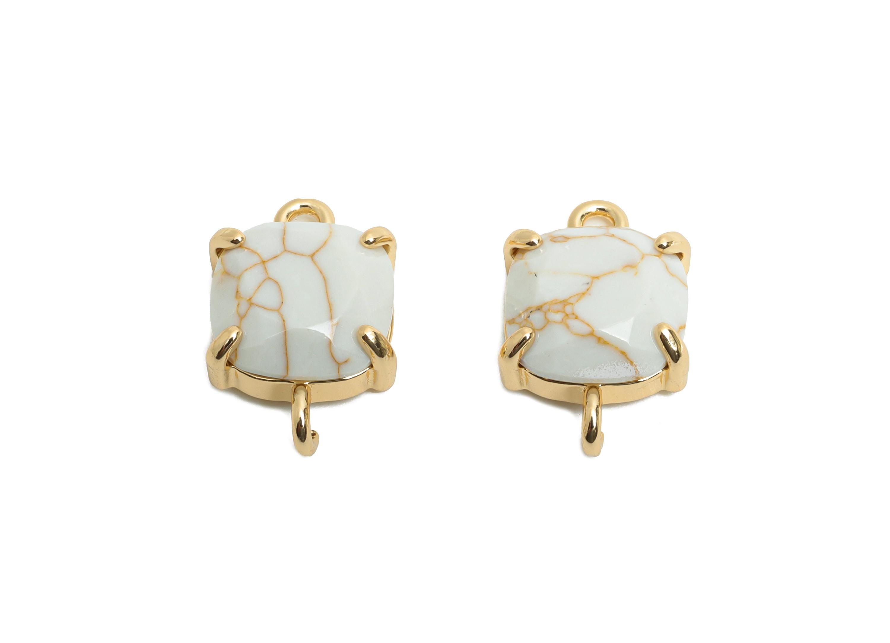 Square Glass Bracelet Connector - Brass White Faceted Crystal Charm - Chic Jewelry Component - KC Gold Tone Plated - 16x10x5.57mm - GS1245 - DOMEDBAZAAR