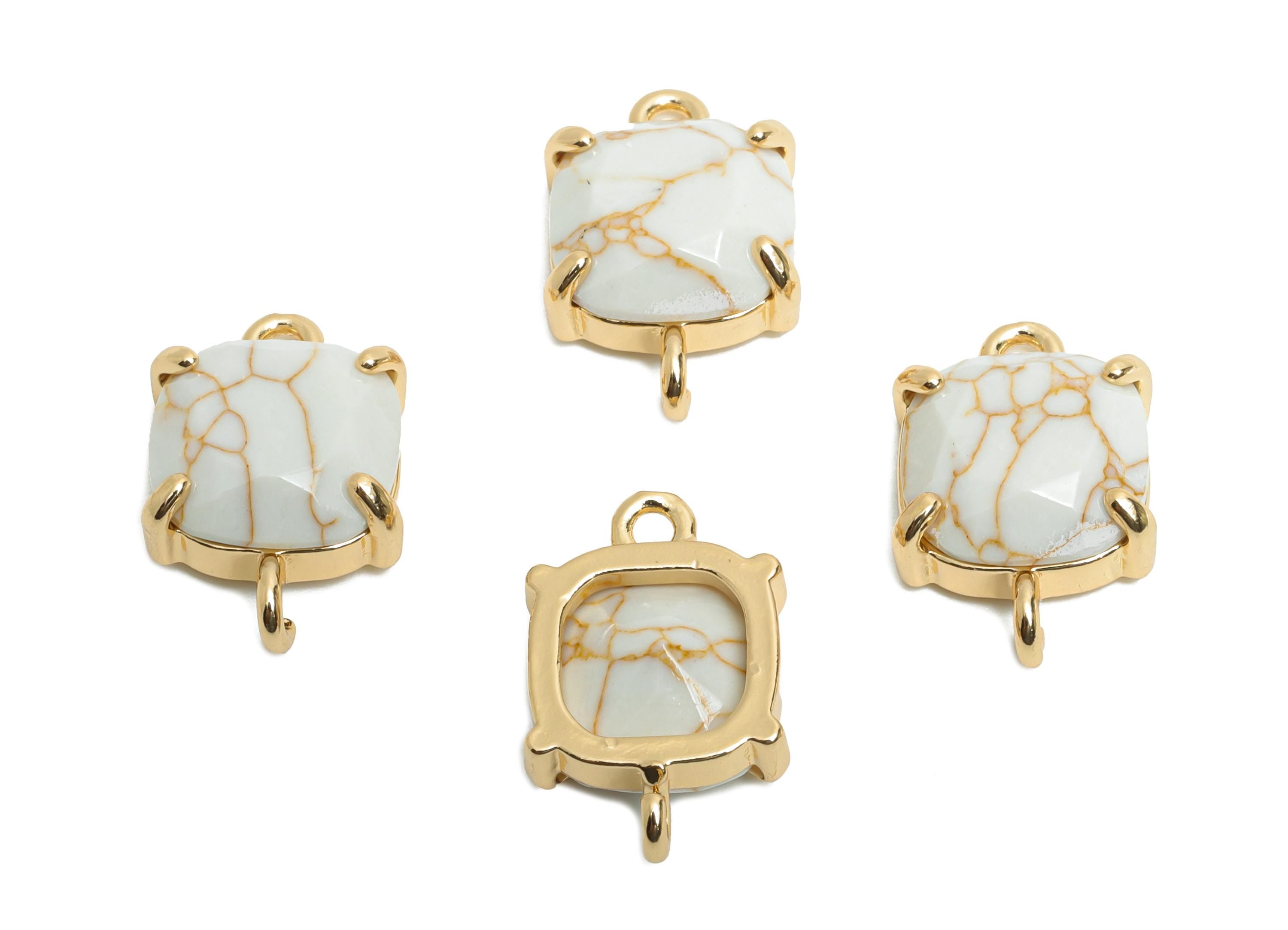 Square Glass Bracelet Connector - Brass White Faceted Crystal Charm - Chic Jewelry Component - KC Gold Tone Plated - 16x10x5.57mm - GS1245 - DOMEDBAZAAR