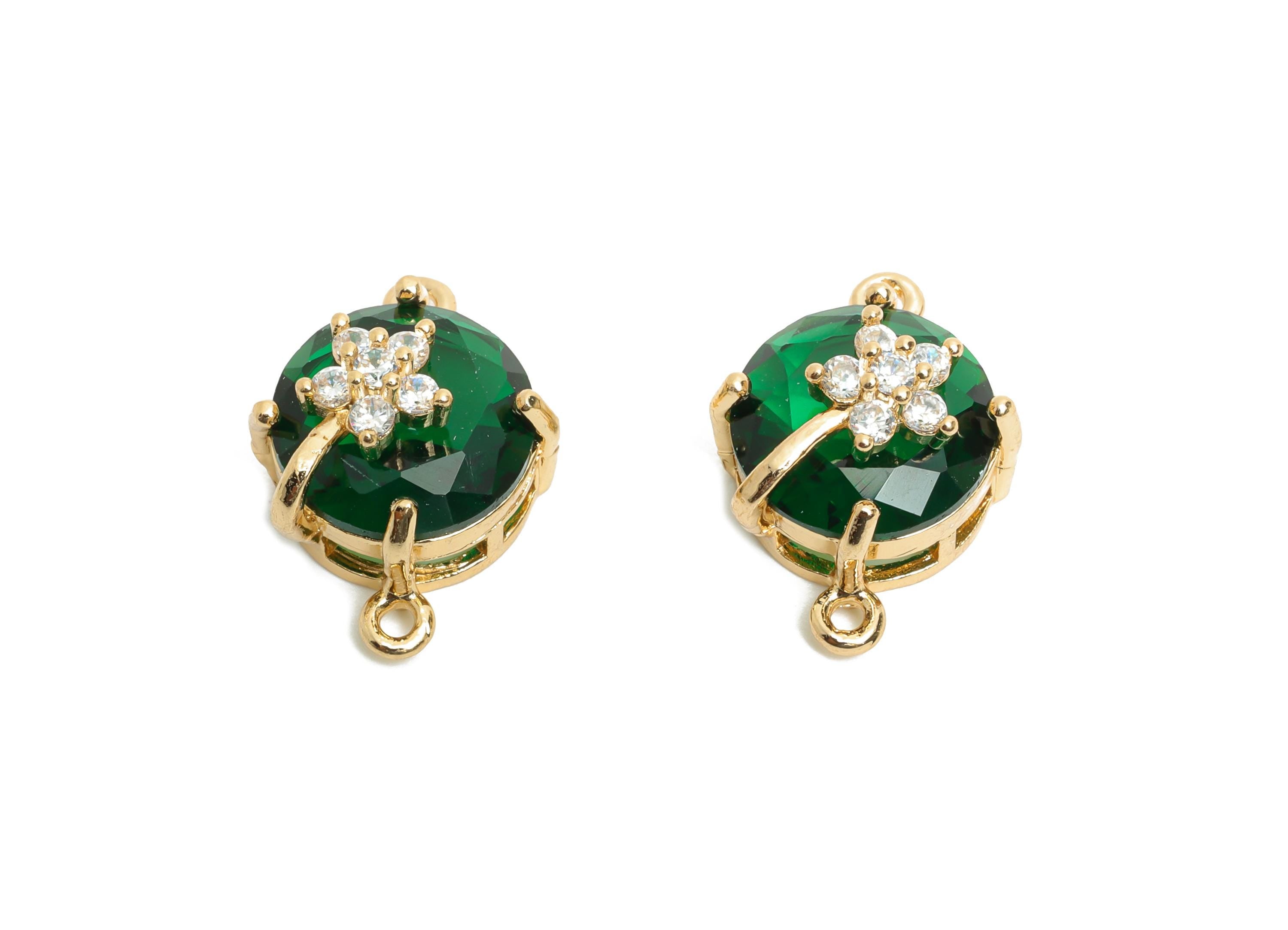 Round Crystal Bracelet Connector - Brass Sparkling Necklace Charm - Green Faceted Crystal Flower Charm - KC Gold Plated - 20x13x12mm -GS1285 - DOMEDBAZAAR