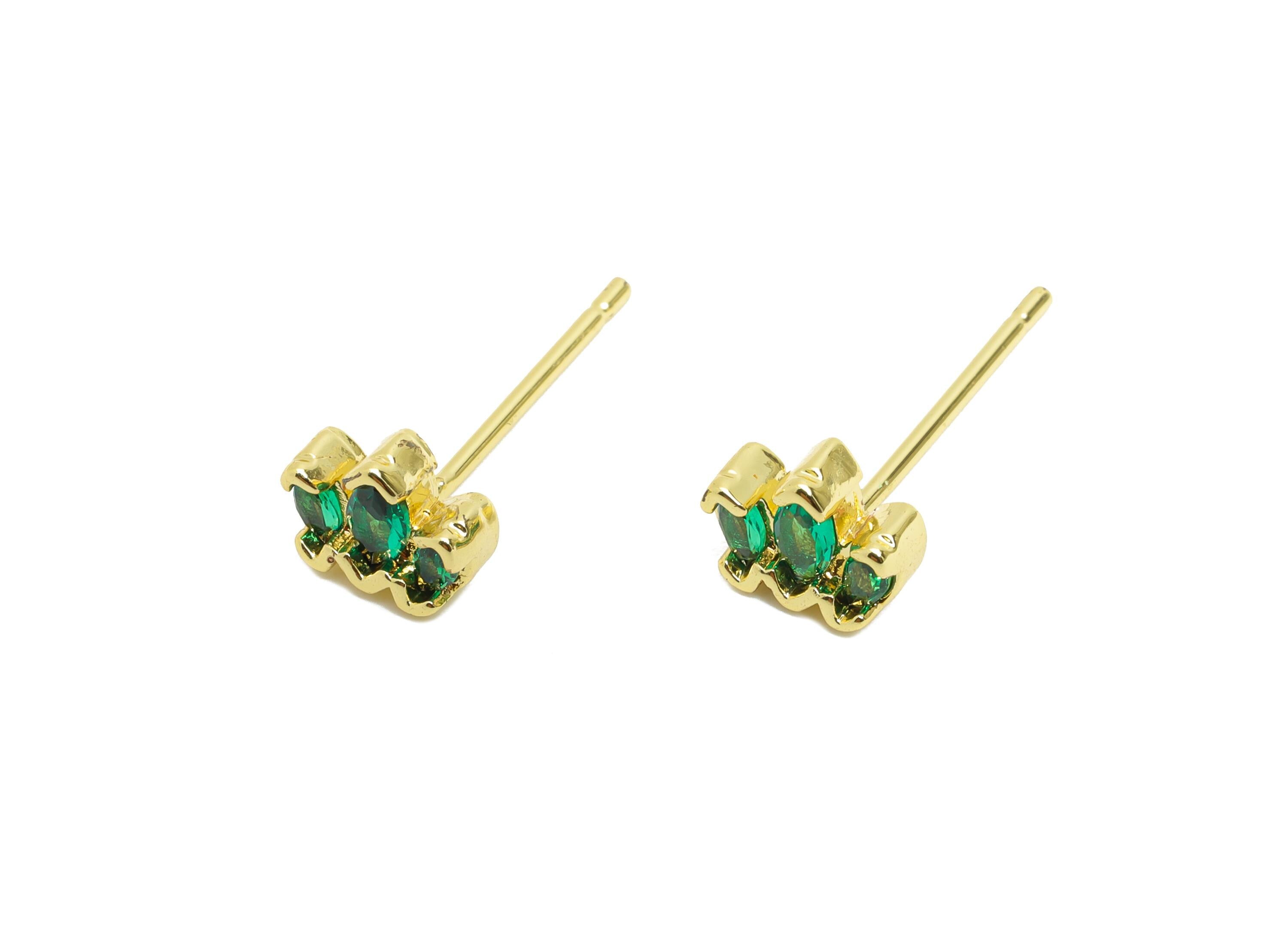 Brass CZ Crown Stud - Mini Green Marquise Earring Post for Girls - Gold Minimalism Jewelry - 18K Real Gold Plated -5.27x6.67x0.78mm -RGP9836 - DOMEDBAZAAR