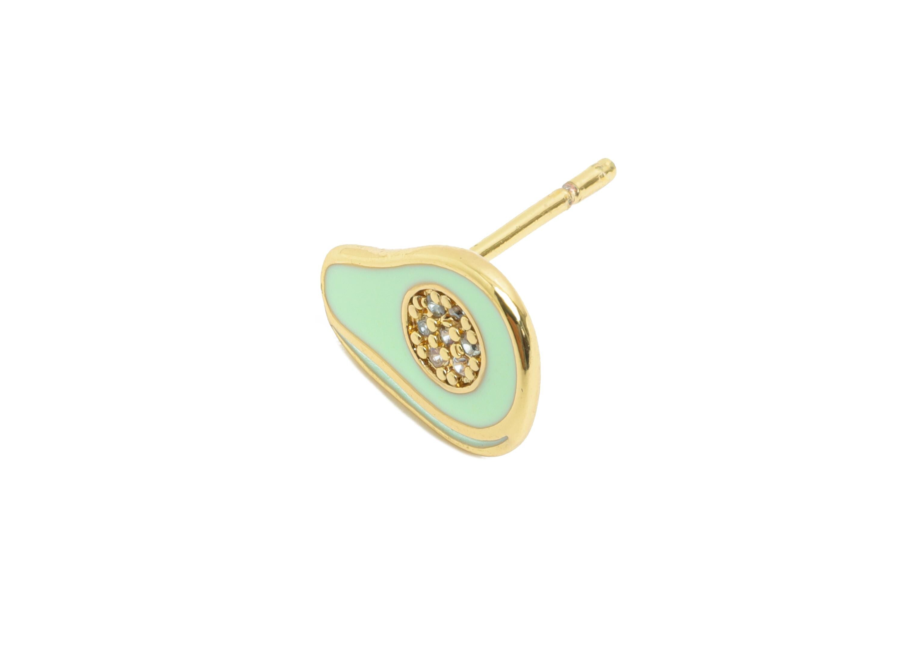 Brass Enamel Avocado Stud - Gold Cubic Zircon Fruit Earrings Stud - Minimalism Jewelry - 18K Real Gold Plating - 11.59x8.77x0.9mm - RGP9839 - DOMEDBAZAAR