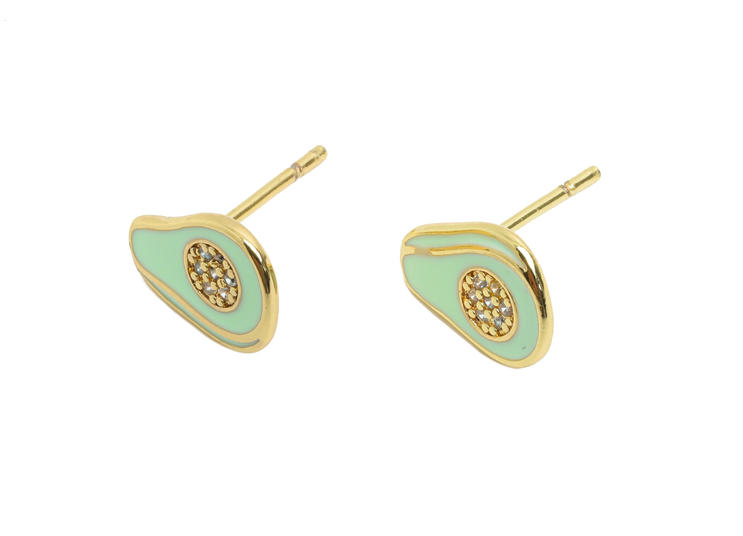 Brass Enamel Avocado Stud - Gold Cubic Zircon Fruit Earrings Stud - Minimalism Jewelry - 18K Real Gold Plating - 11.59x8.77x0.9mm - RGP9839 - DOMEDBAZAAR