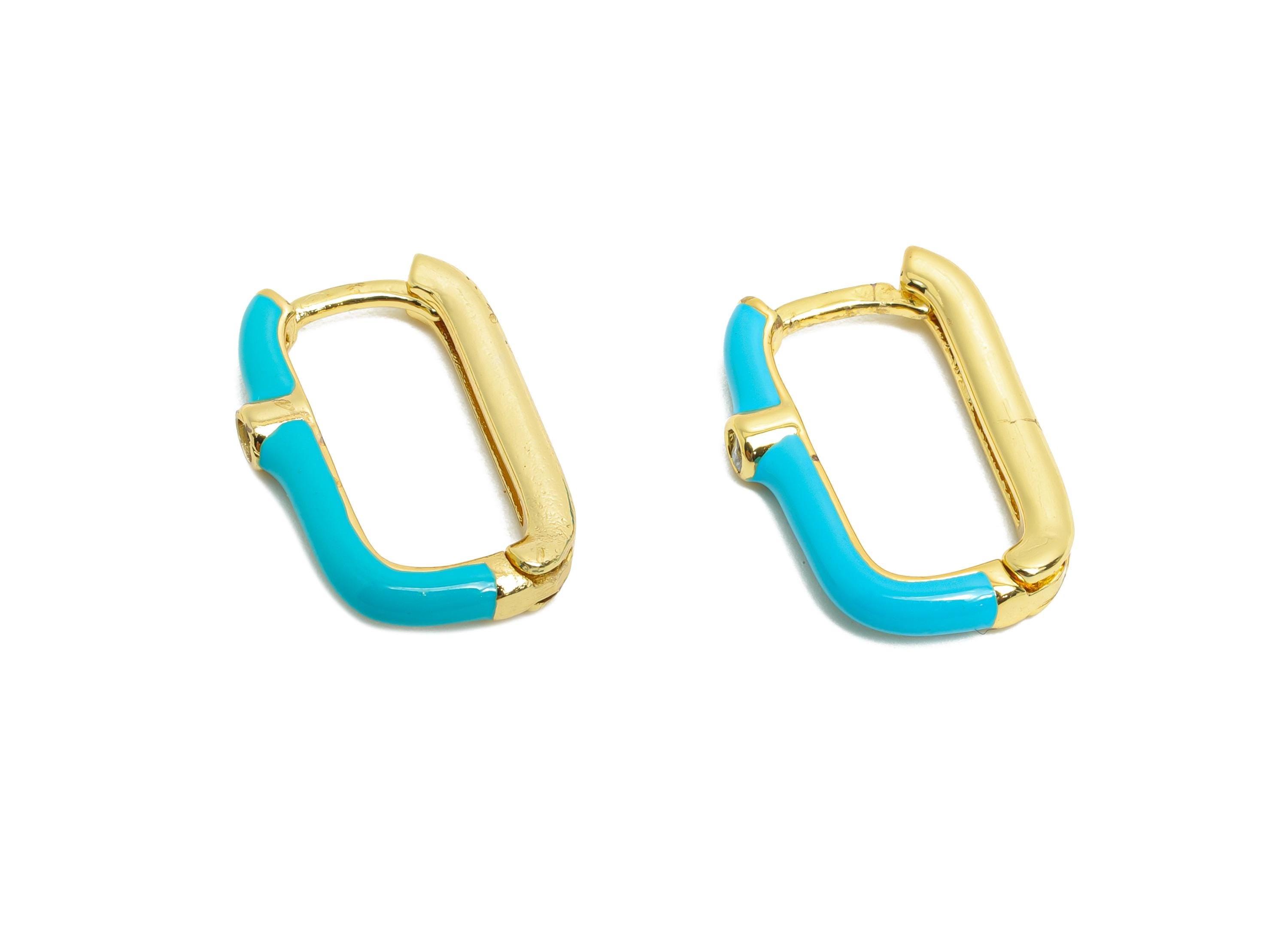 Brass U Shape Hoop Earring - Blue Enamel Zircon Earring - Minimalist Gold Oval Earring - 18K Real Gold Plated - 18.65x12.25x2.65mm - RGP9766 - DOMEDBAZAAR