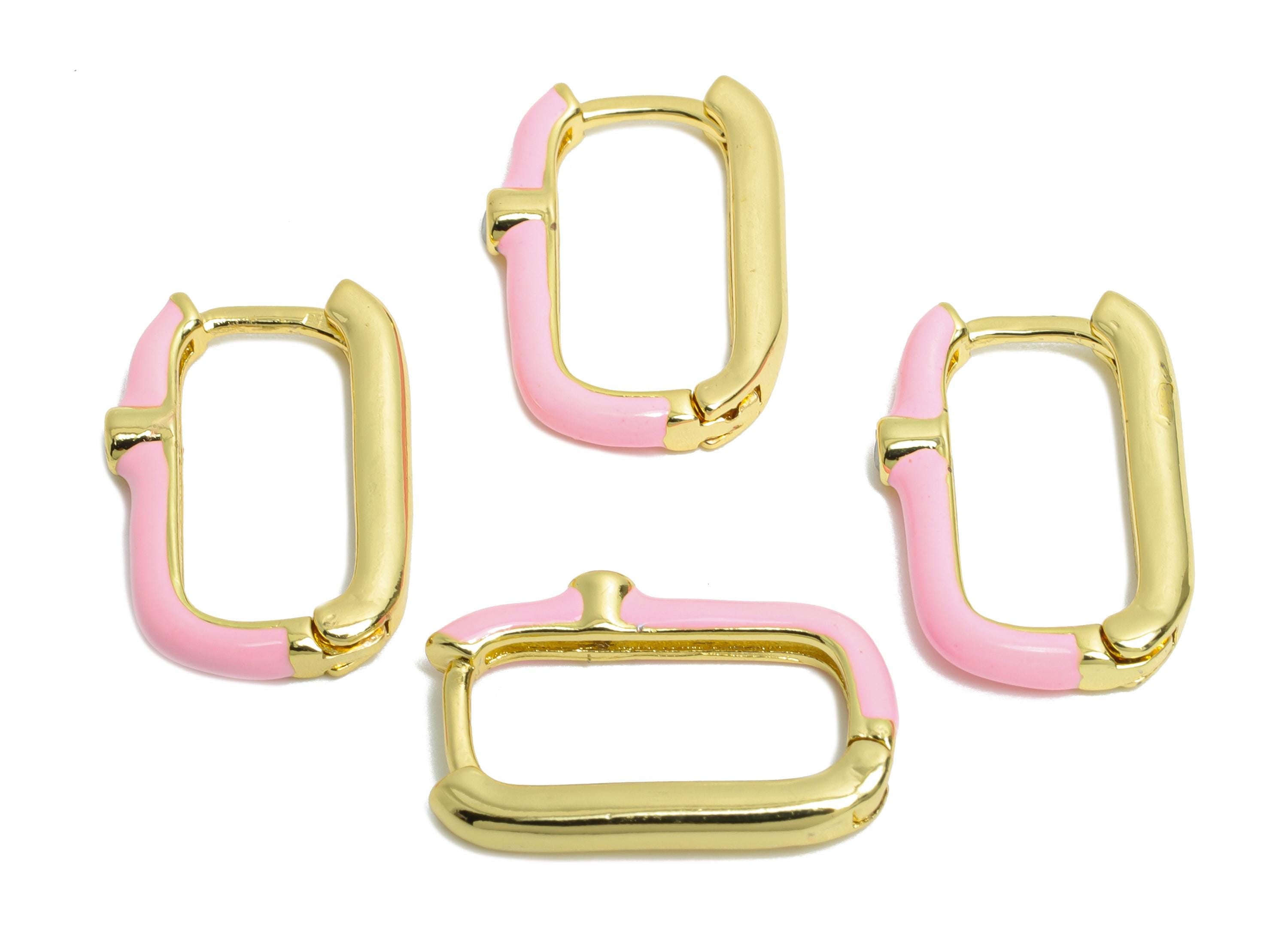 Brass U Shape Hoop Earring - Pink Enamel Zircon Earring - Minimalist Gold Oval Earring - 18K Real Gold Plated - 18.65x12.25x2.65mm - RGP9765 - DOMEDBAZAAR