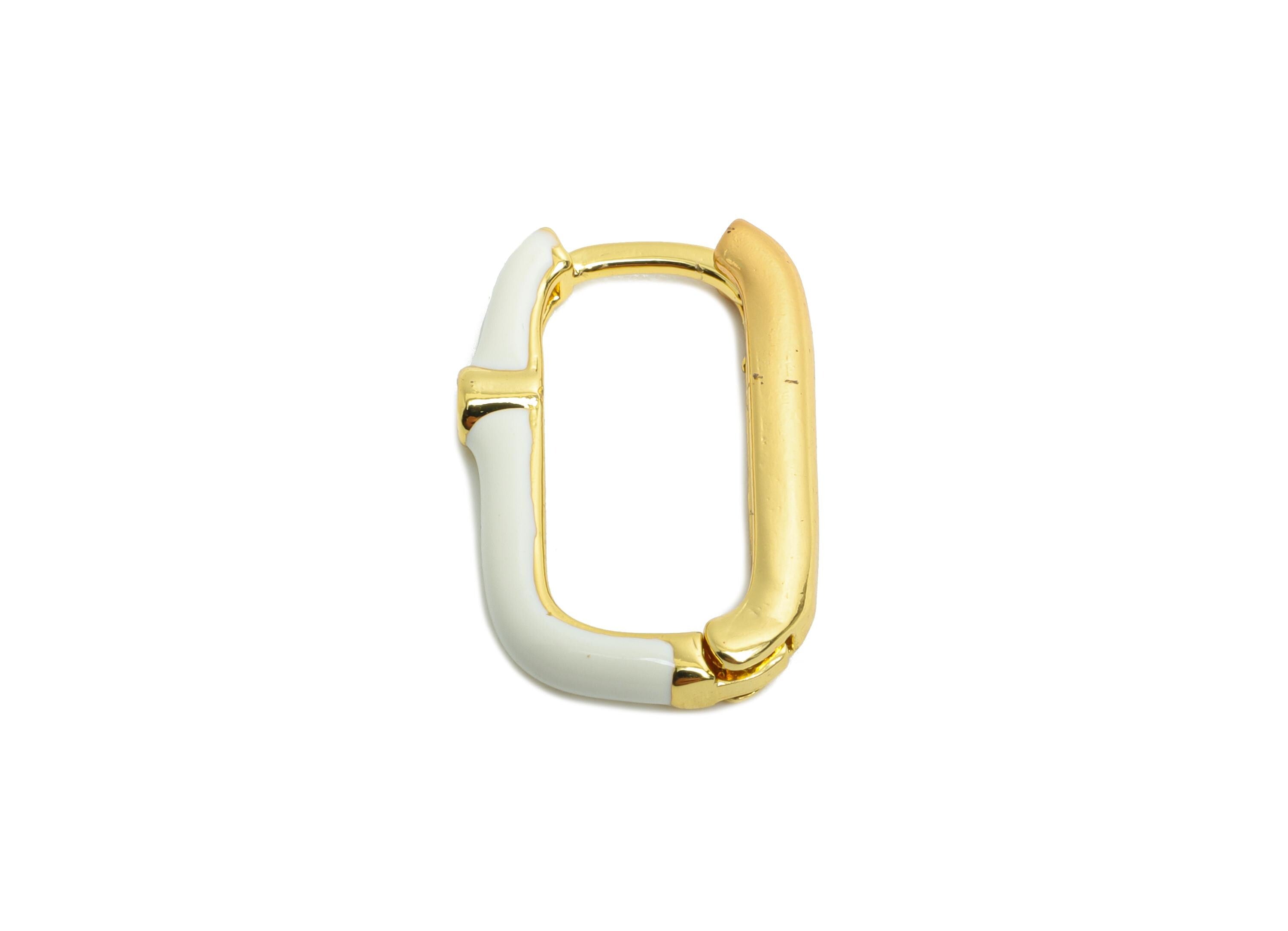 Brass U Shape Hoop Earring - White Enamel Zircon Earring - Minimalist Gold Oval Earring - 18K Real Gold Plated - 18.65x12.25x2.65mm -RGP9764 - DOMEDBAZAAR