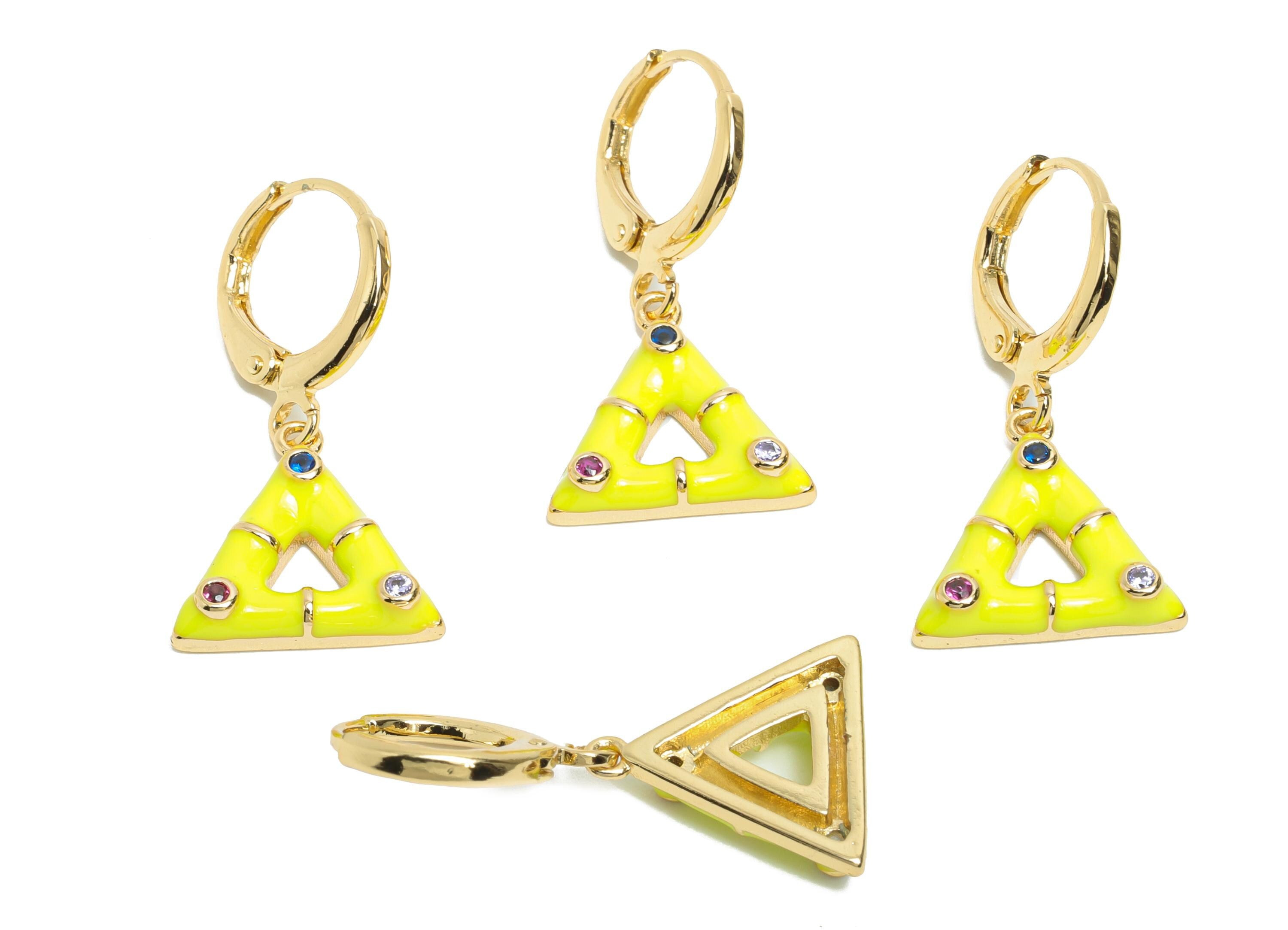 Dangle Hoop Lever back Earring - Yellow Enamel Triangle Earring - Brass CZ Huggie Hoop Clasp - 18K Gold Plated - 27.11x14.38x3.55mm -RGP9801 - DOMEDBAZAAR