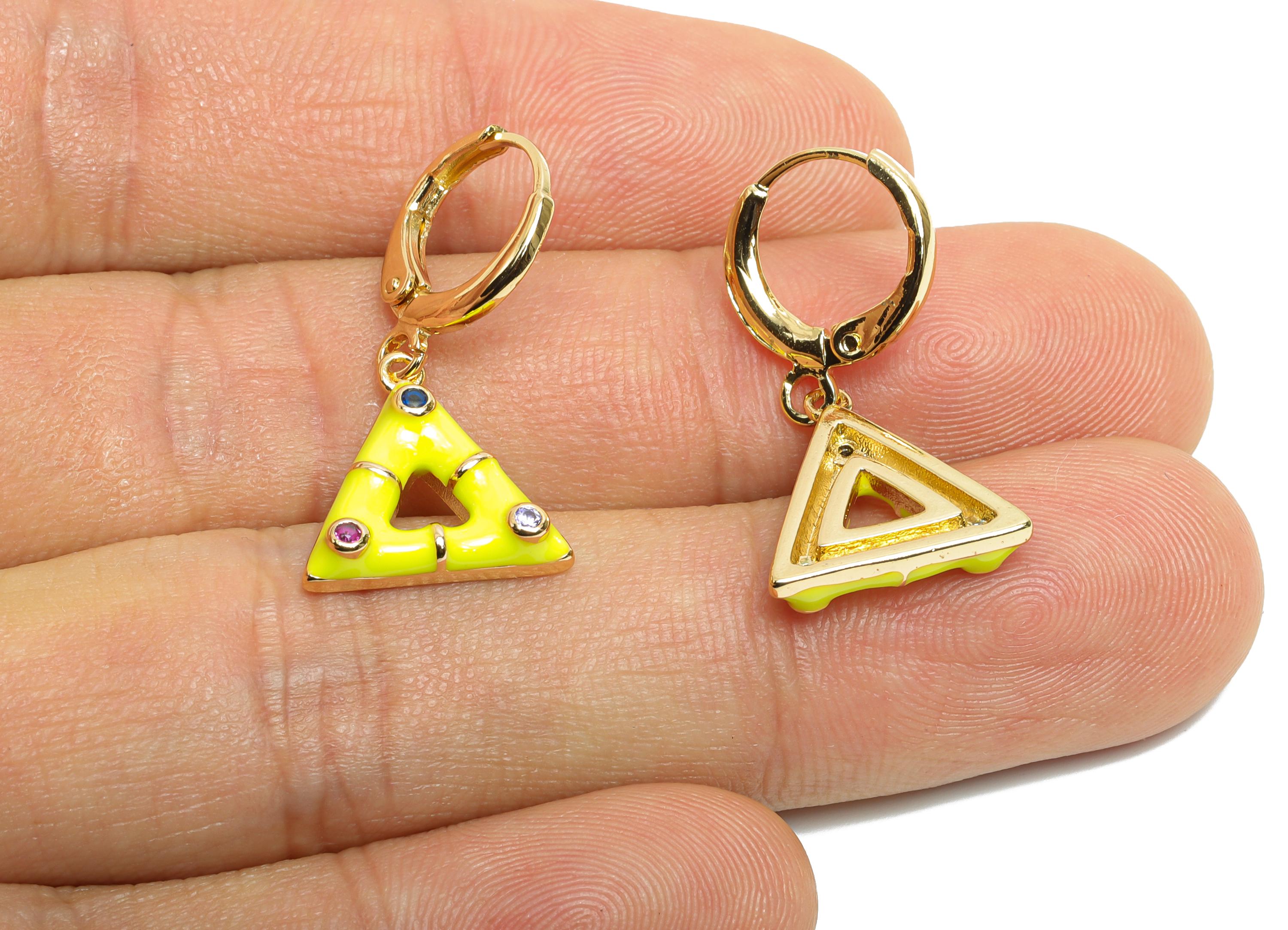 Dangle Hoop Lever back Earring - Yellow Enamel Triangle Earring - Brass CZ Huggie Hoop Clasp - 18K Gold Plated - 27.11x14.38x3.55mm -RGP9801 - DOMEDBAZAAR