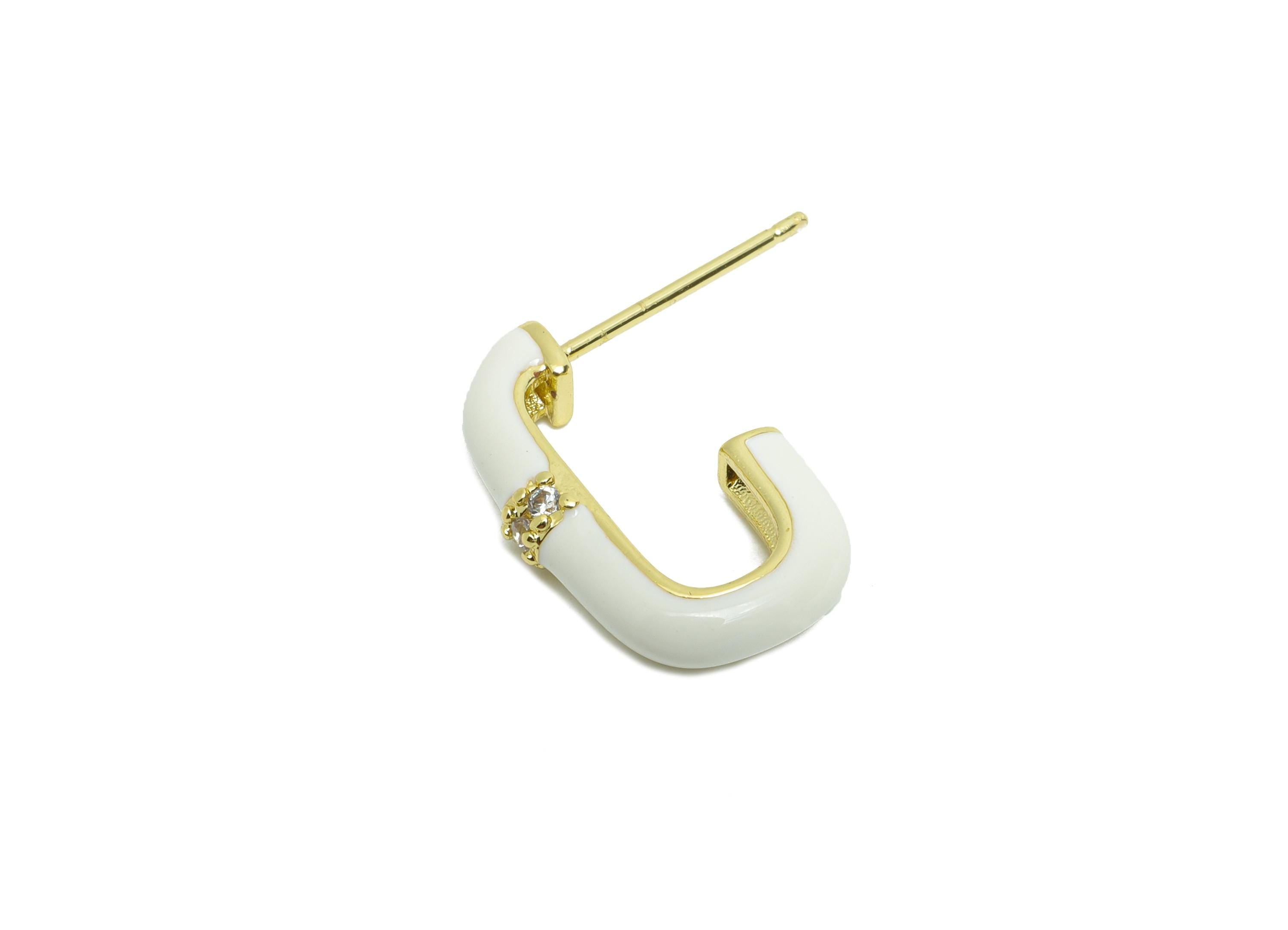 Brass Oval Rectangle Stud - White Enamel CZ Earrings Stud - Gold Minimalism Jewelry - 18K Real Gold Plating - 16.92x17.85x0.78mm - RGP9747 - DOMEDBAZAAR