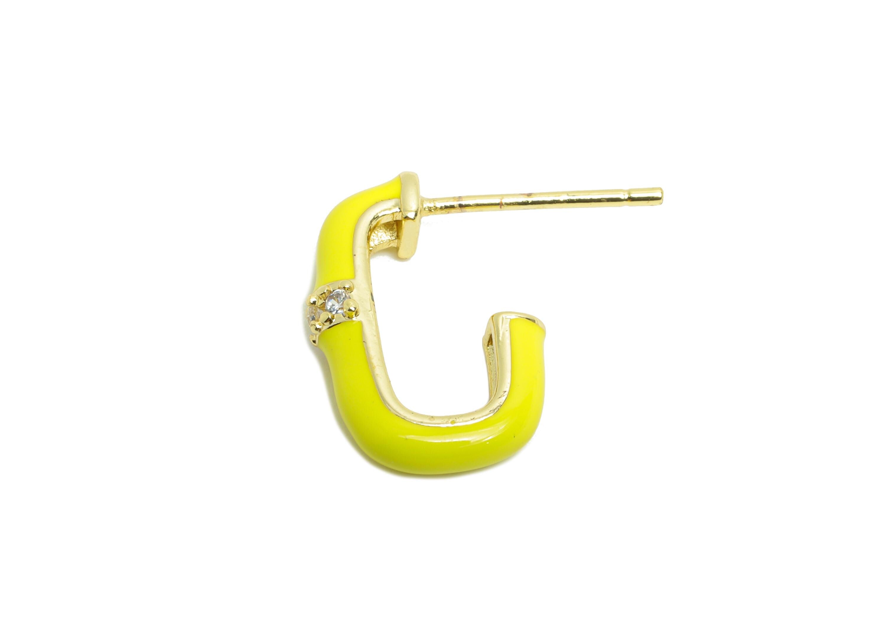 Brass Oval Rectangle Stud - Yellow Enamel CZ Earrings Stud - Gold Minimalism Jewelry - 18K Real Gold Plating - 16.92x17.85x0.78mm - RGP9748 - DOMEDBAZAAR