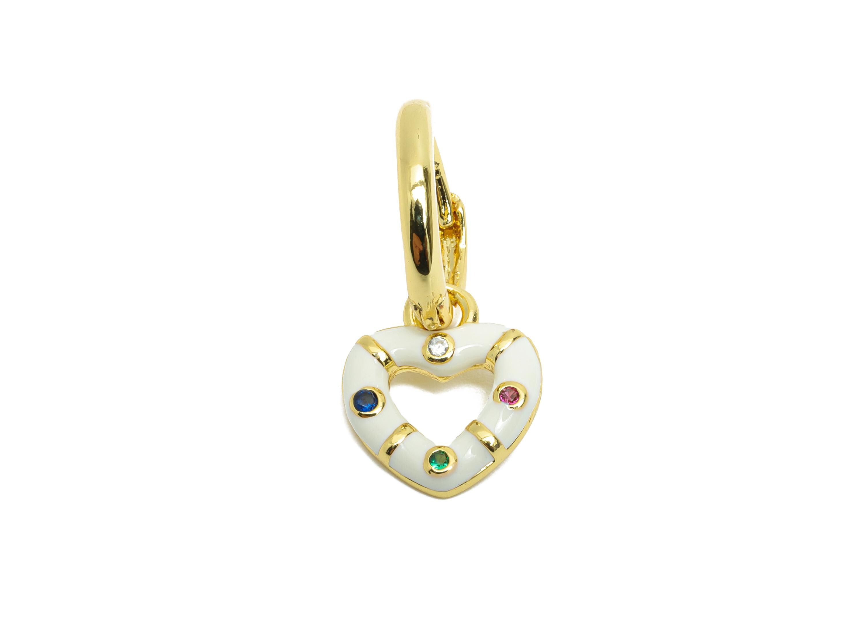 Dangle Hoop Lever back Earring - White Enamel Heart Earring - Brass CZ Huggie Hoop Clasp - 18K Real Gold Plated -23.76x11.54x2.01mm -RGP9815 - DOMEDBAZAAR