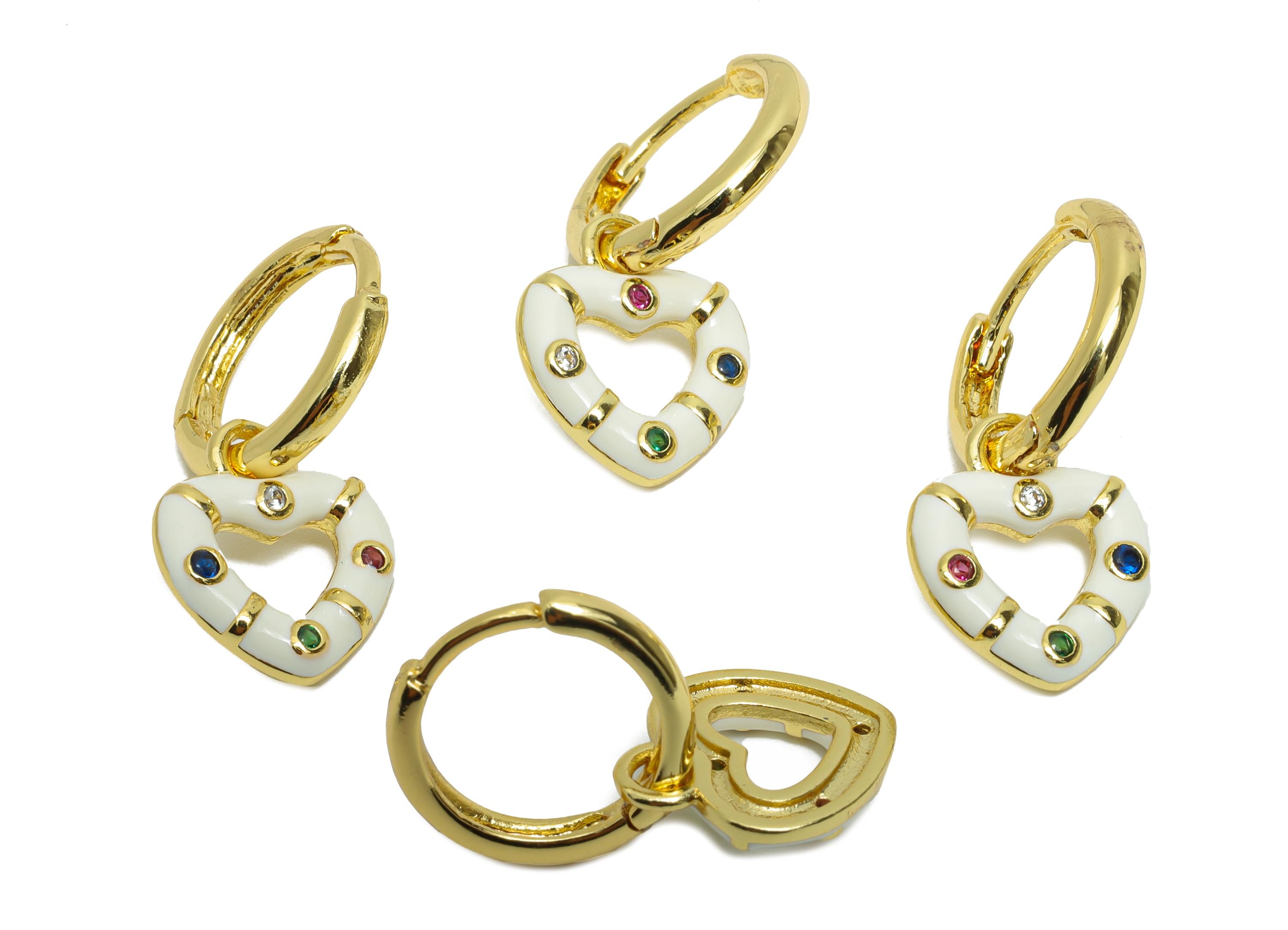 Dangle Hoop Lever back Earring - White Enamel Heart Earring - Brass CZ Huggie Hoop Clasp - 18K Real Gold Plated -23.76x11.54x2.01mm -RGP9815 - DOMEDBAZAAR