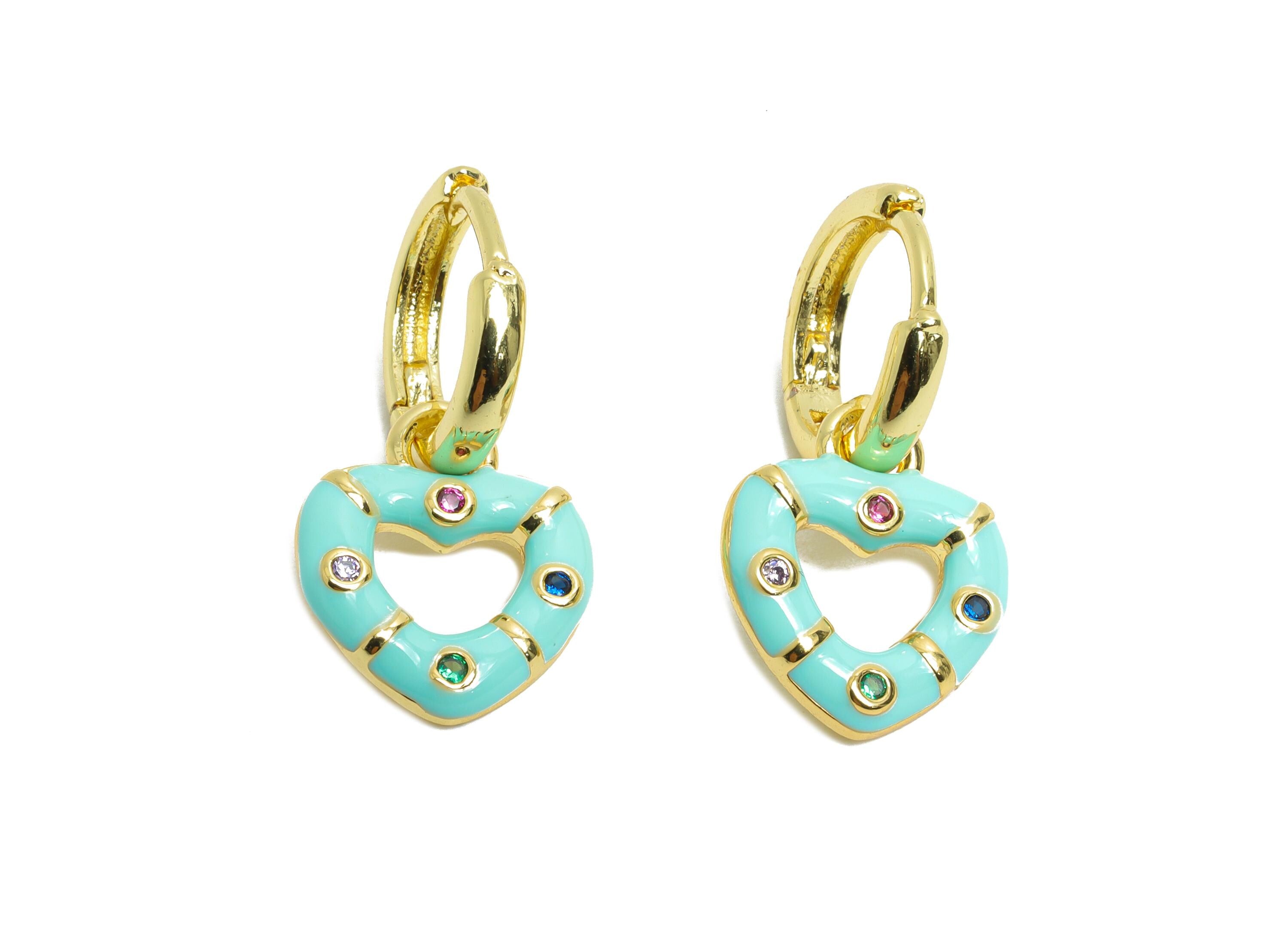 Dangle Hoop Lever back Earring - Blue Enamel Heart Earring - Brass CZ Huggie Hoop Clasp - 18K Real Gold Plated - 23.76x11.54x2.01mm -RGP9817 - DOMEDBAZAAR