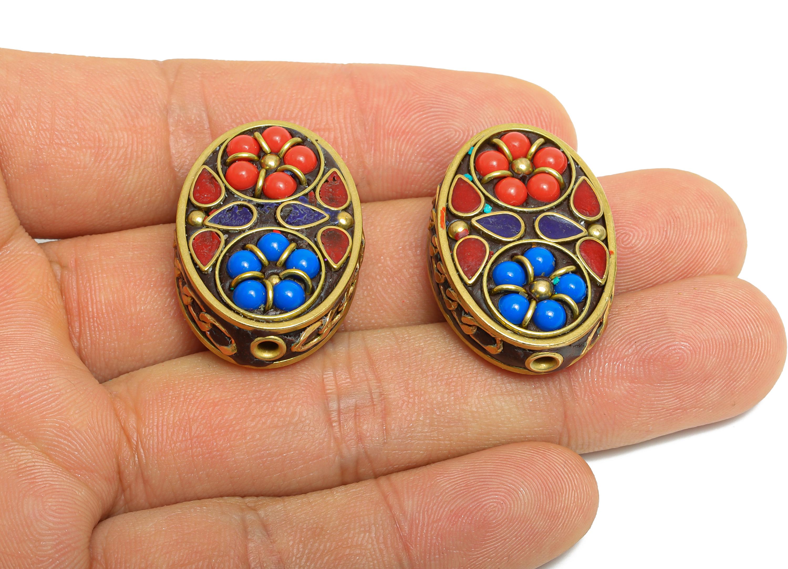 Bohemian Handmade Bead - Nepalese/Tibetan Traditional Ornament  - Brass Oval Accessory DIY Bead - Bracelet Bead - 29.8x21.3x11.9mm - RGP9862 - DOMEDBAZAAR