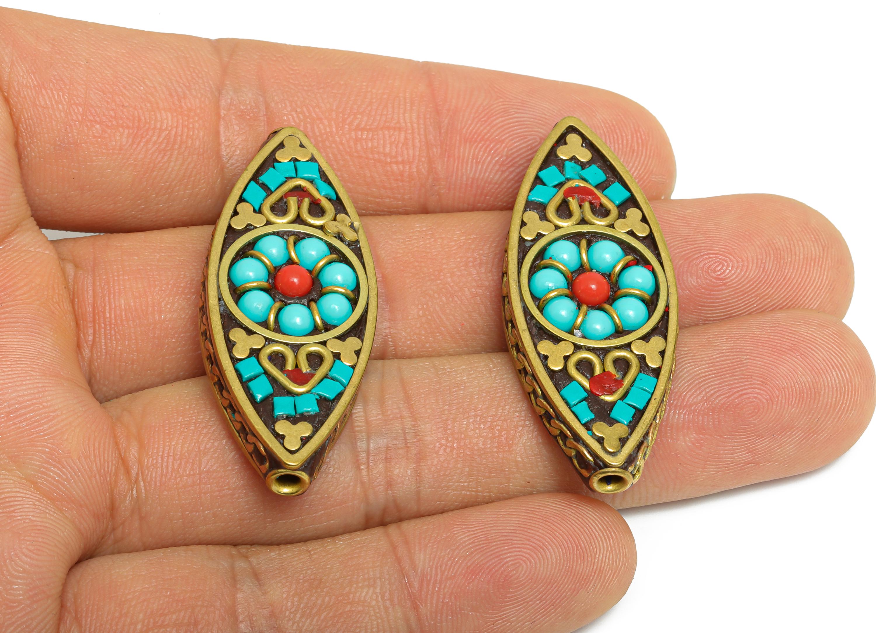 Brass Handmade Bead - Nepalese/Tibetan Traditional Ornament  - Bohemian Marquise Bracelet Bead - Cultural Craft - 42x17x9mm - RGP9863 - DOMEDBAZAAR