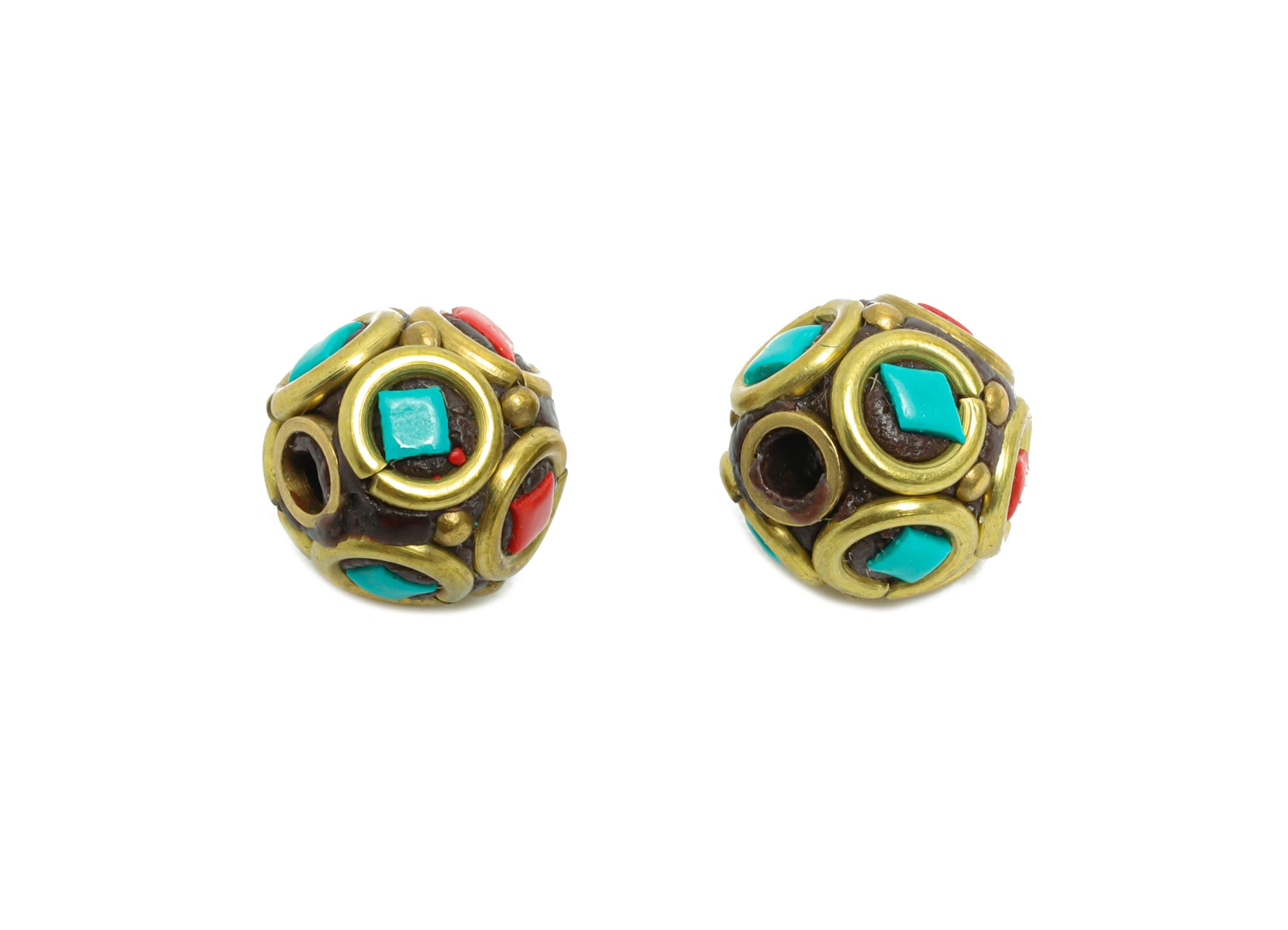 Brass Colorful Bohemian Beads - Nepalese/Tibetan Space Round Craft Bead - Ball Handmade Pattern Bracelet bead - 8.94x9x9.62mm- RGP9875 - DOMEDBAZAAR