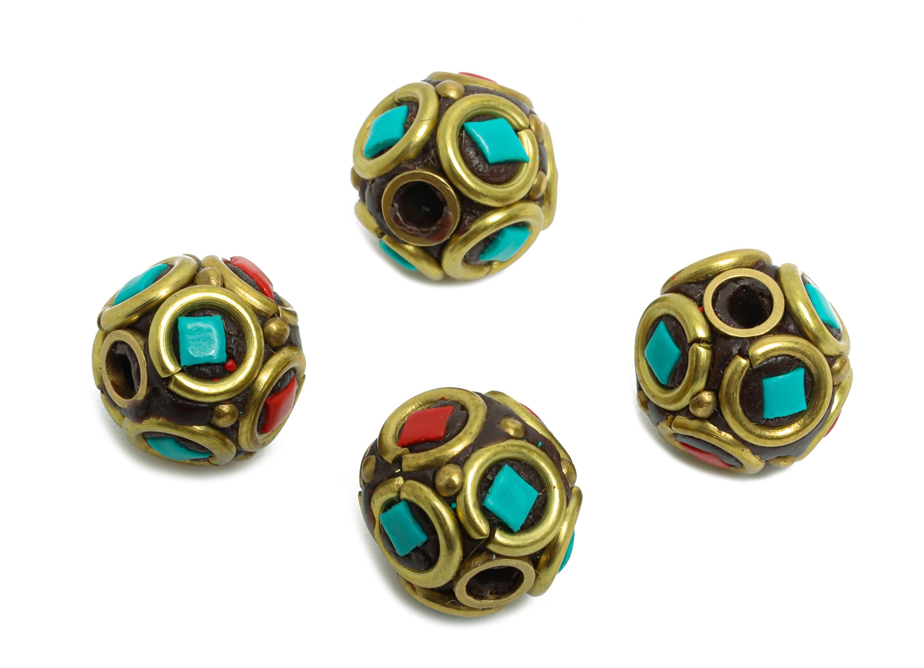 Brass Colorful Bohemian Beads - Nepalese/Tibetan Space Round Craft Bead - Ball Handmade Pattern Bracelet bead - 8.94x9x9.62mm- RGP9875 - DOMEDBAZAAR