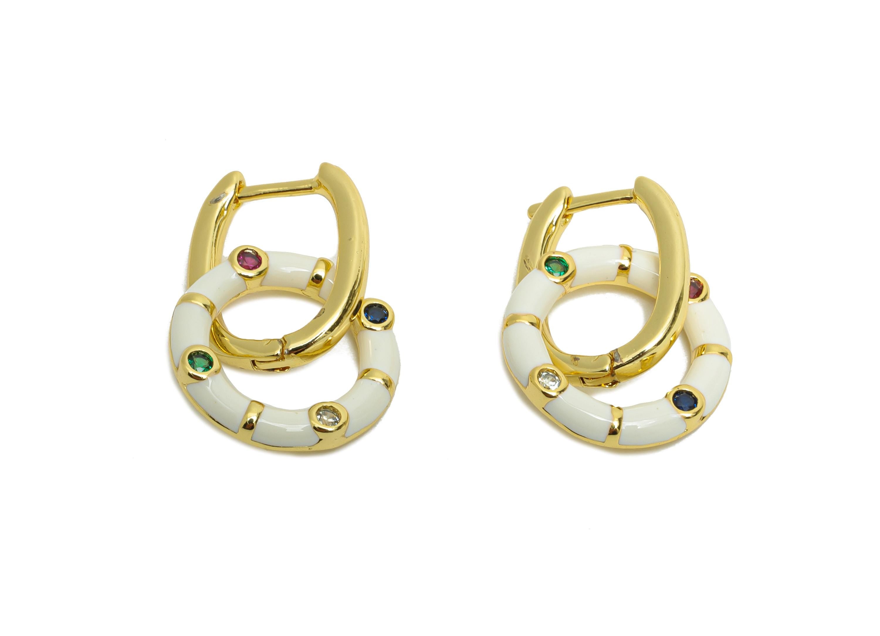 Dangle U Hoop Clasp Earring - White Enamel Donut Earring - Brass CZ English Lock Hoop Clasp - 18K Gold Plated -22.43x13.31x2.19mm -RGP9773 - DOMEDBAZAAR