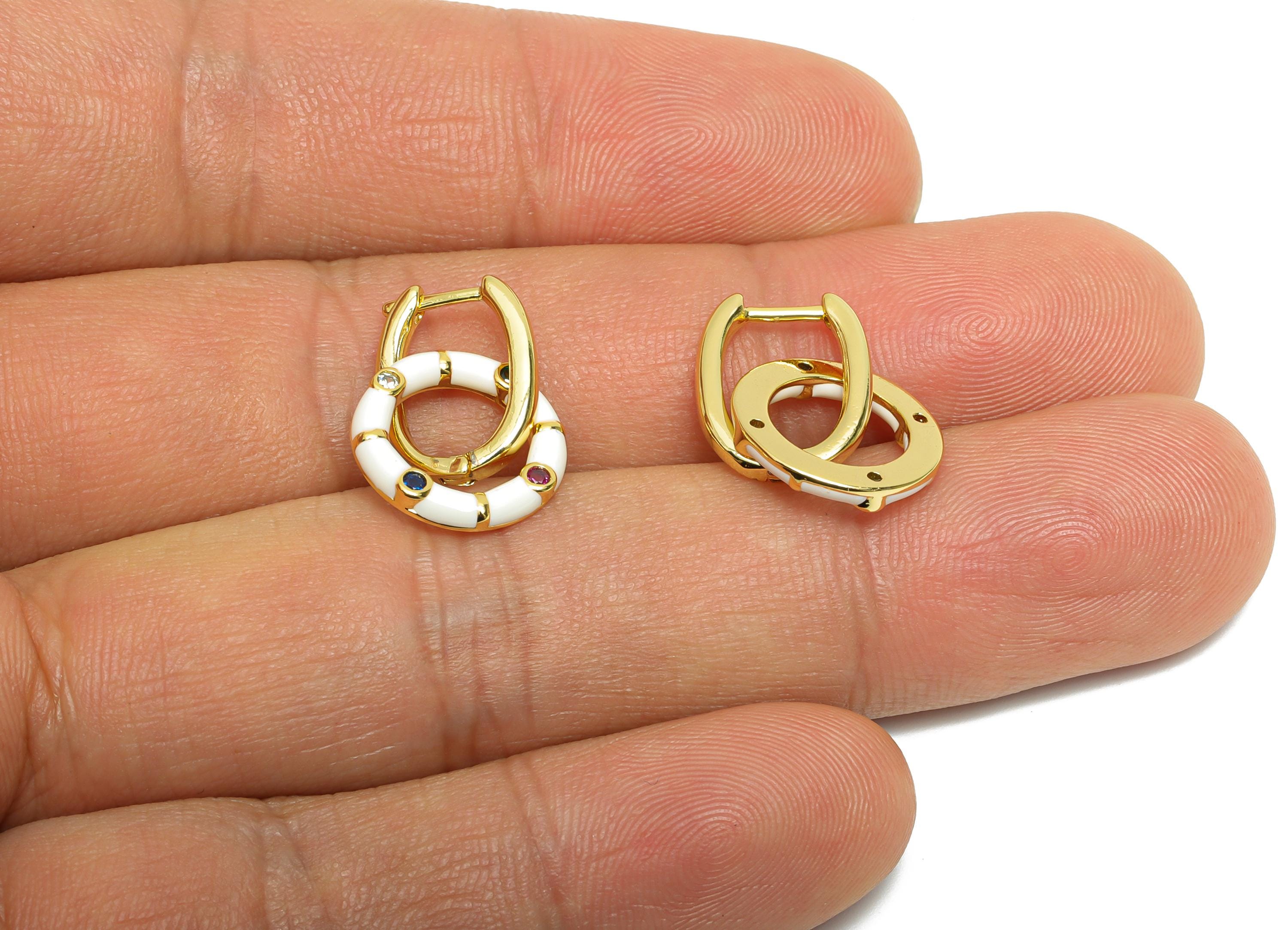 Dangle U Hoop Clasp Earring - White Enamel Donut Earring - Brass CZ English Lock Hoop Clasp - 18K Gold Plated -22.43x13.31x2.19mm -RGP9773 - DOMEDBAZAAR