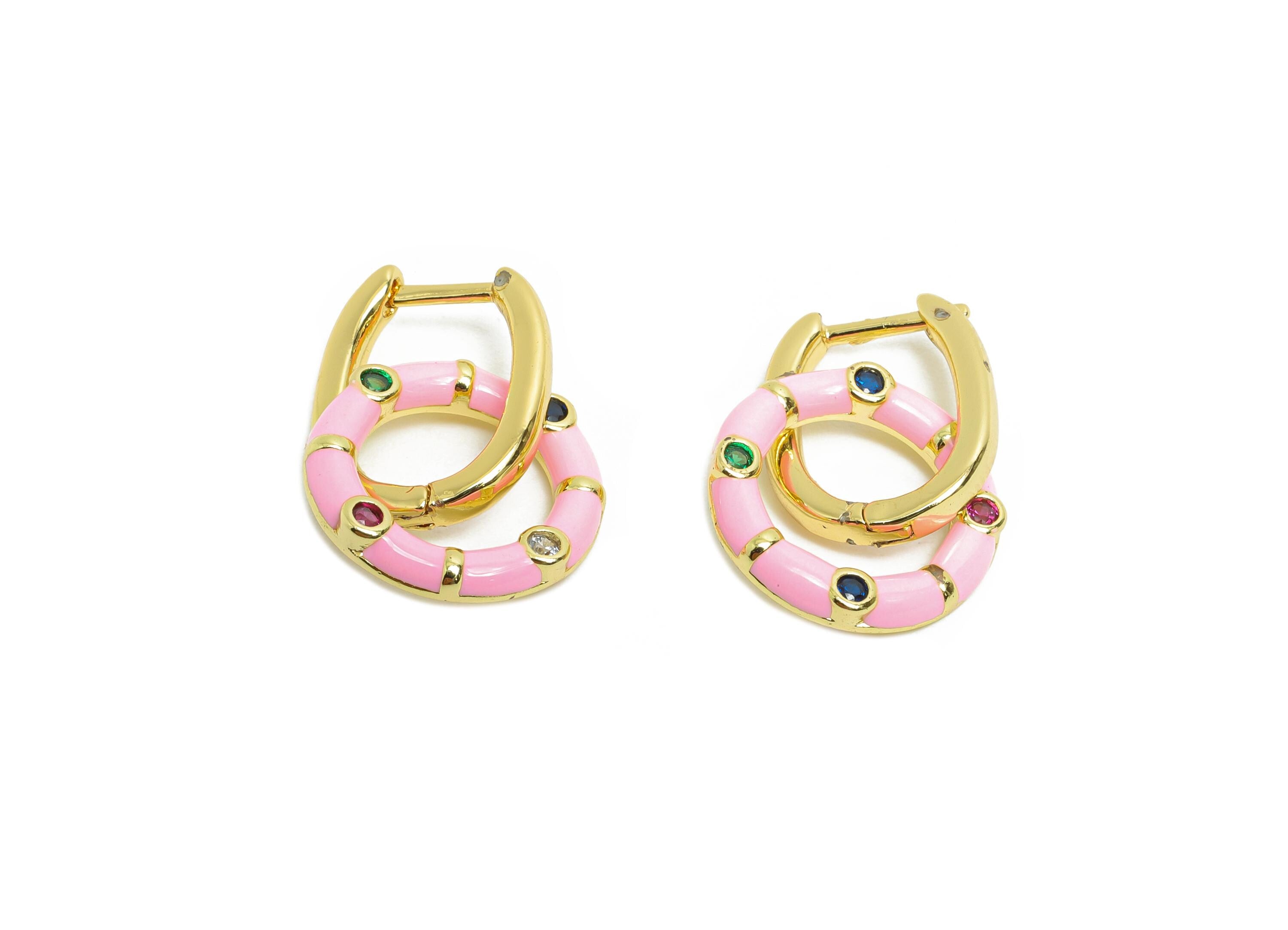 Dangle U Hoop Clasp Earring - Pink Enamel Donut Earring - Brass CZ English Lock Hoop Clasp - 18K Gold Plated - 22.43x13.31x2.19mm - RGP9774 - DOMEDBAZAAR