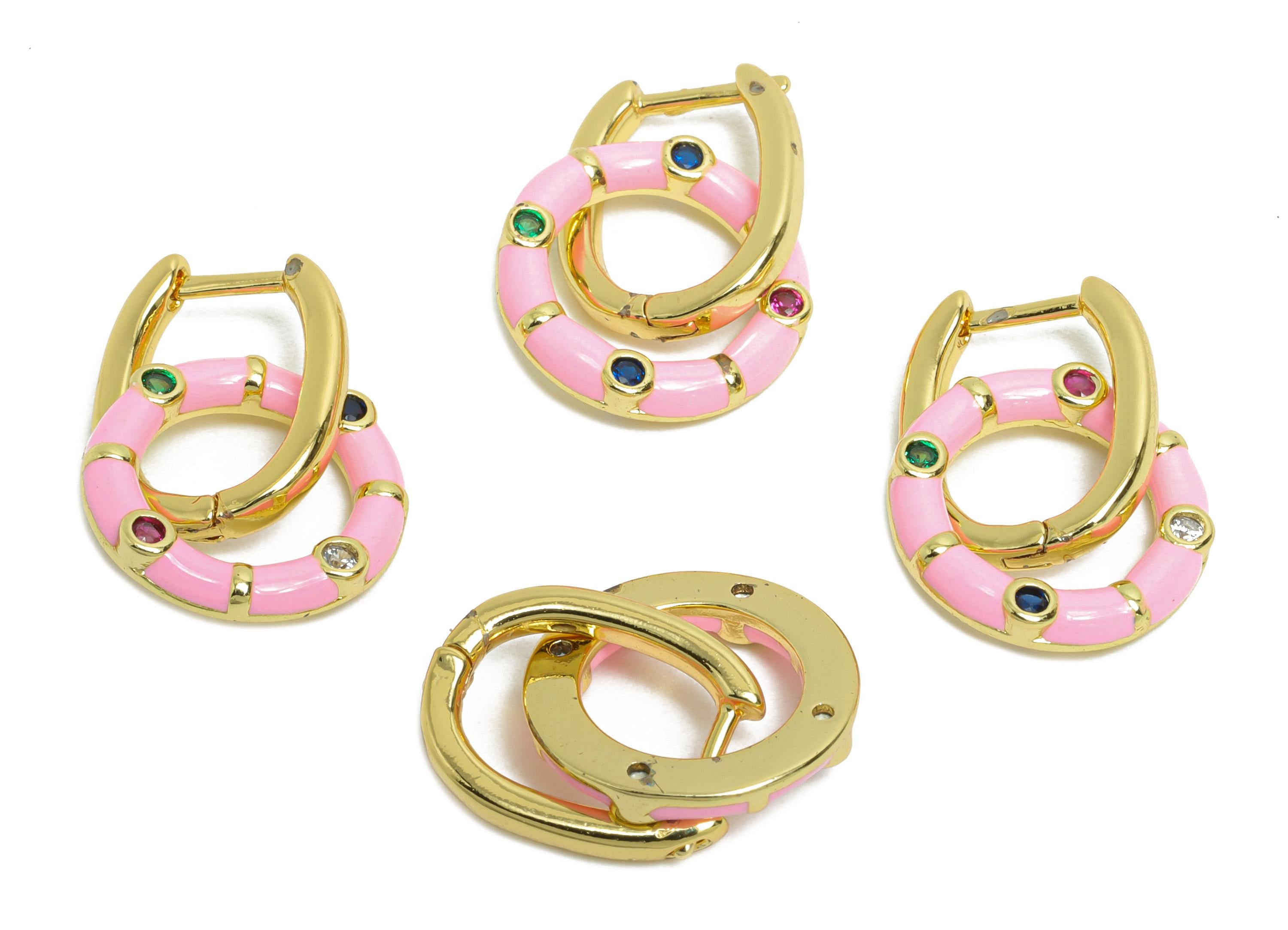 Dangle U Hoop Clasp Earring - Pink Enamel Donut Earring - Brass CZ English Lock Hoop Clasp - 18K Gold Plated - 22.43x13.31x2.19mm - RGP9774 - DOMEDBAZAAR