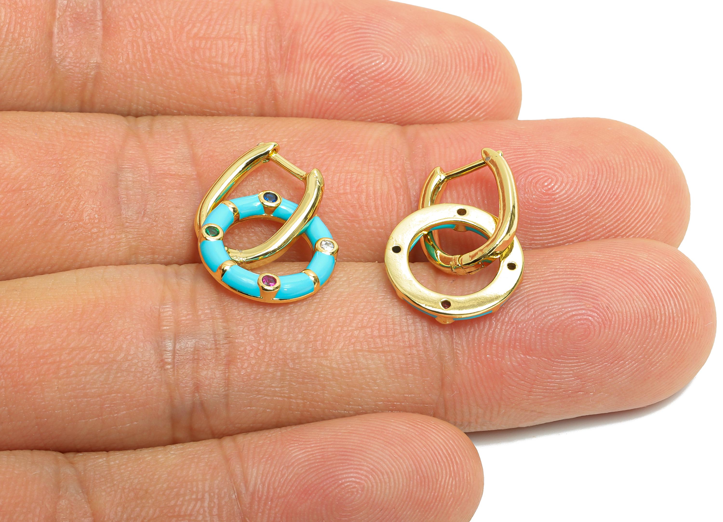 Dangle U Hoop Clasp Earring - Blue Enamel Donut Earring - Brass CZ English Lock Hoop Clasp - 18K Gold Plated - 22.43x13.31x2.19mm - RGP9775 - DOMEDBAZAAR