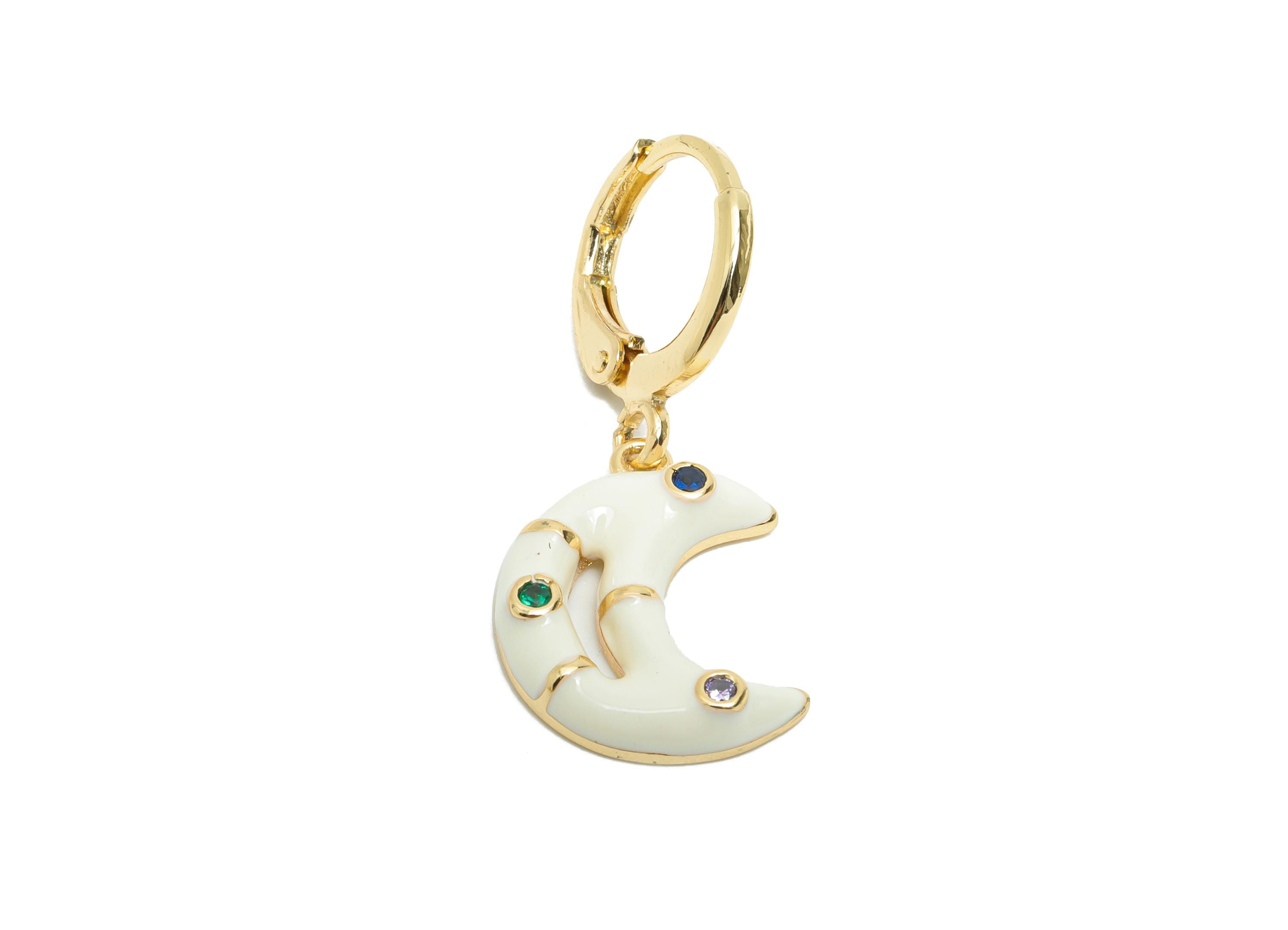 Dangle Hoop Lever back Earring - White Enamel Crescent Earring - Brass CZ Huggie Hoop Clasp - 18K Real Gold Plated -30.03x12.70x3mm -RGP9806 - DOMEDBAZAAR