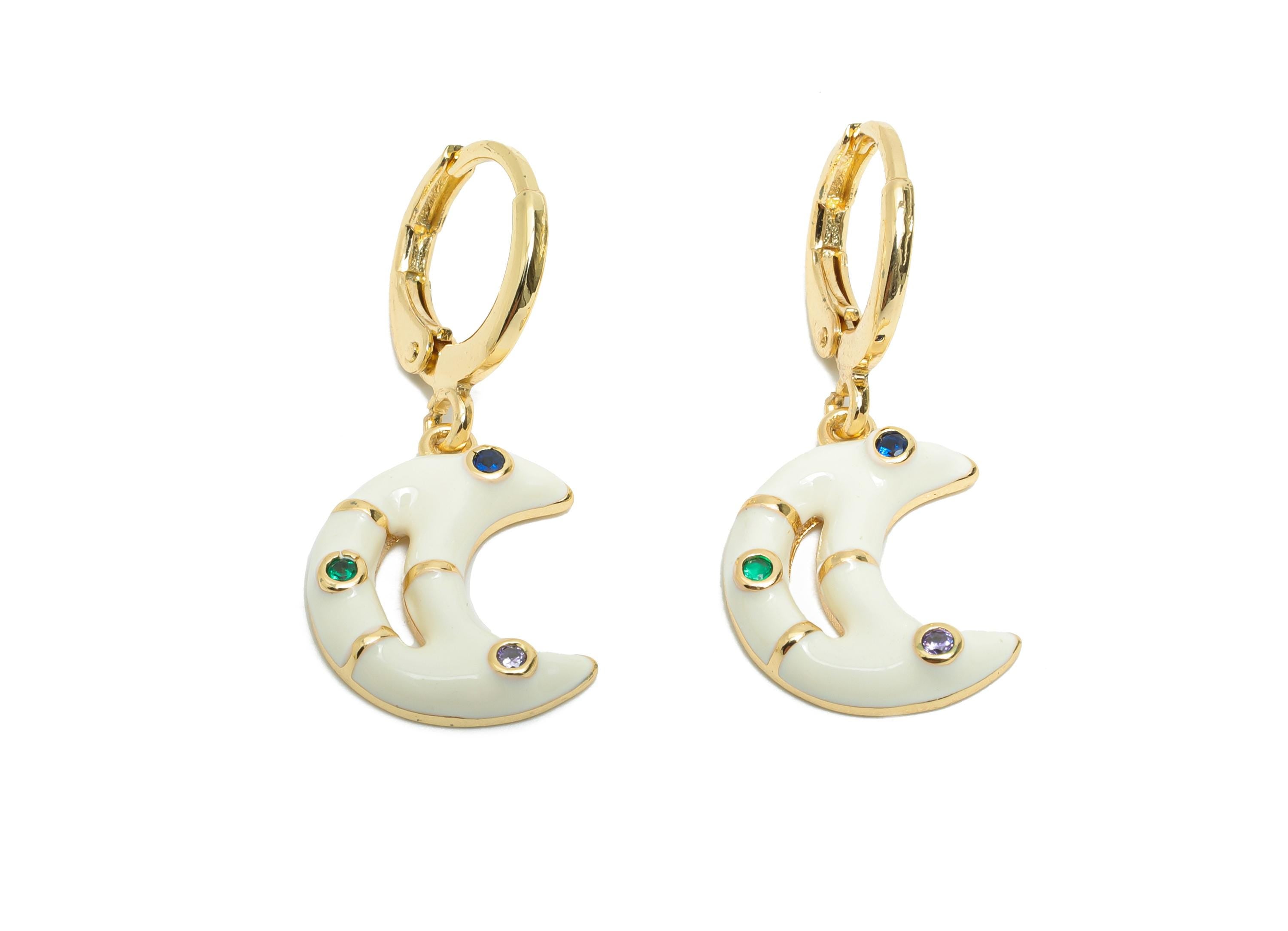 Dangle Hoop Lever back Earring - White Enamel Crescent Earring - Brass CZ Huggie Hoop Clasp - 18K Real Gold Plated -30.03x12.70x3mm -RGP9806 - DOMEDBAZAAR