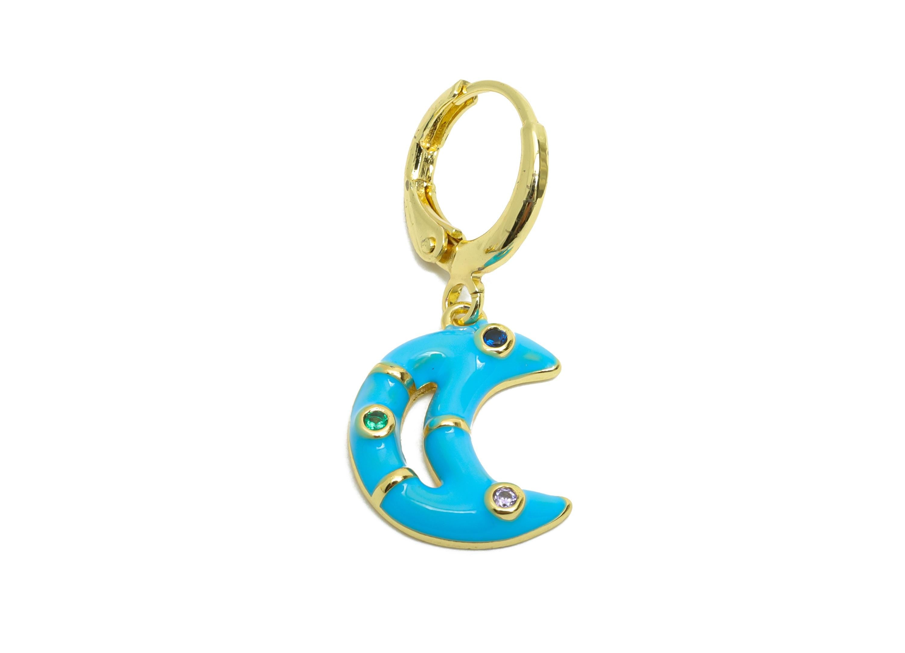 Dangle Hoop Lever back Earrings - Blue Enamel Crescent Earring - Brass CZ Huggie Hoop Clasp - 18K Real Gold Plated -30.03x12.70x3mm -RGP9808 - DOMEDBAZAAR
