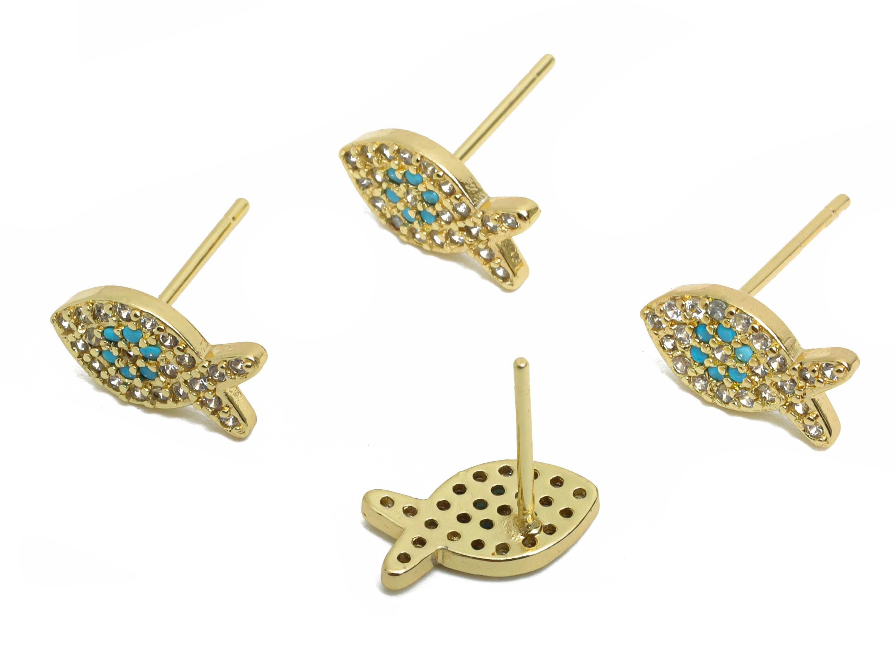 Brass CZ Fish Stud - Mini Sparkling Fish Earring Post for Girls - Gold Minimalism Jewelry - 18K Real Gold Plated -6.19x11.19x0.78mm -RGP9831 - DOMEDBAZAAR