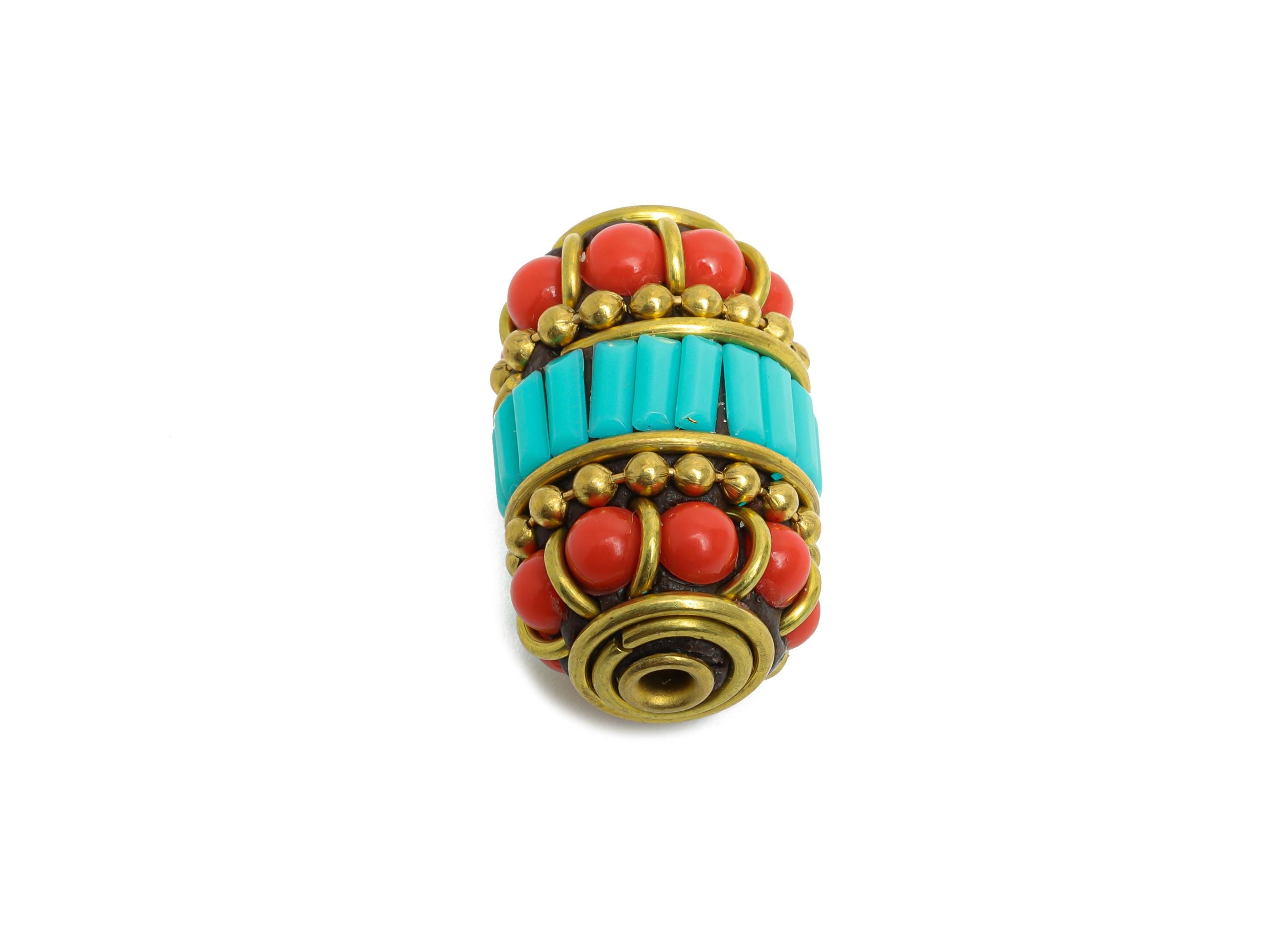 Bohemian Craft Bead - Nepalese/Tibetan Space Handmade Bead - Ancient Art Brass - Vintage Artisan -Bracelet Bead - 23.4x13x13mm - RGP9881 - DOMEDBAZAAR