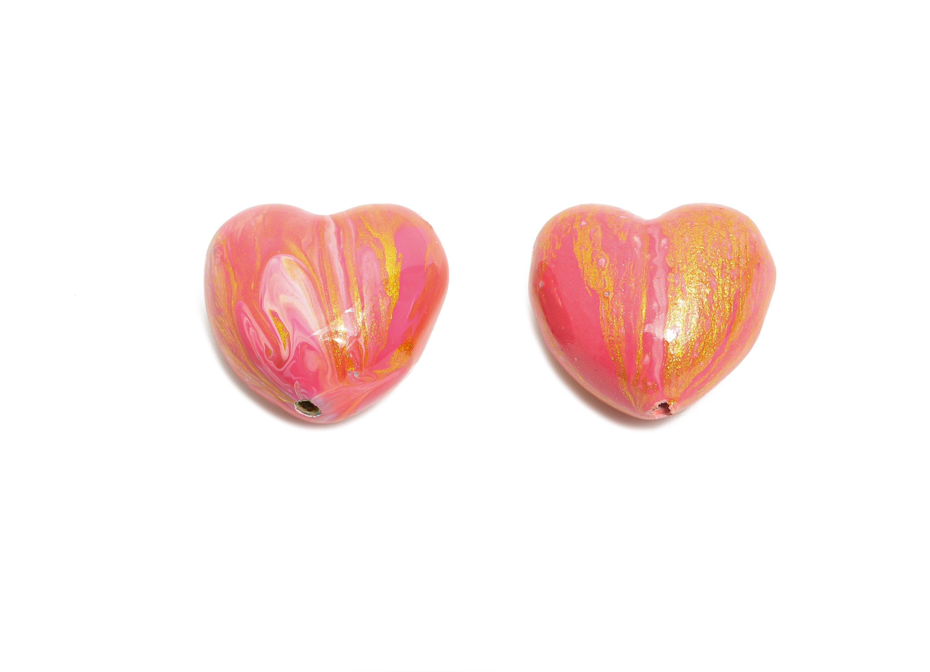lacqver Wood Heart Bead - Handcrafted Painted Bead - Romantic Pink Wood Heart Beads - Handmade Wooden Beads for Bracelet - 17x19x12mm-BB1334 - DOMEDBAZAAR