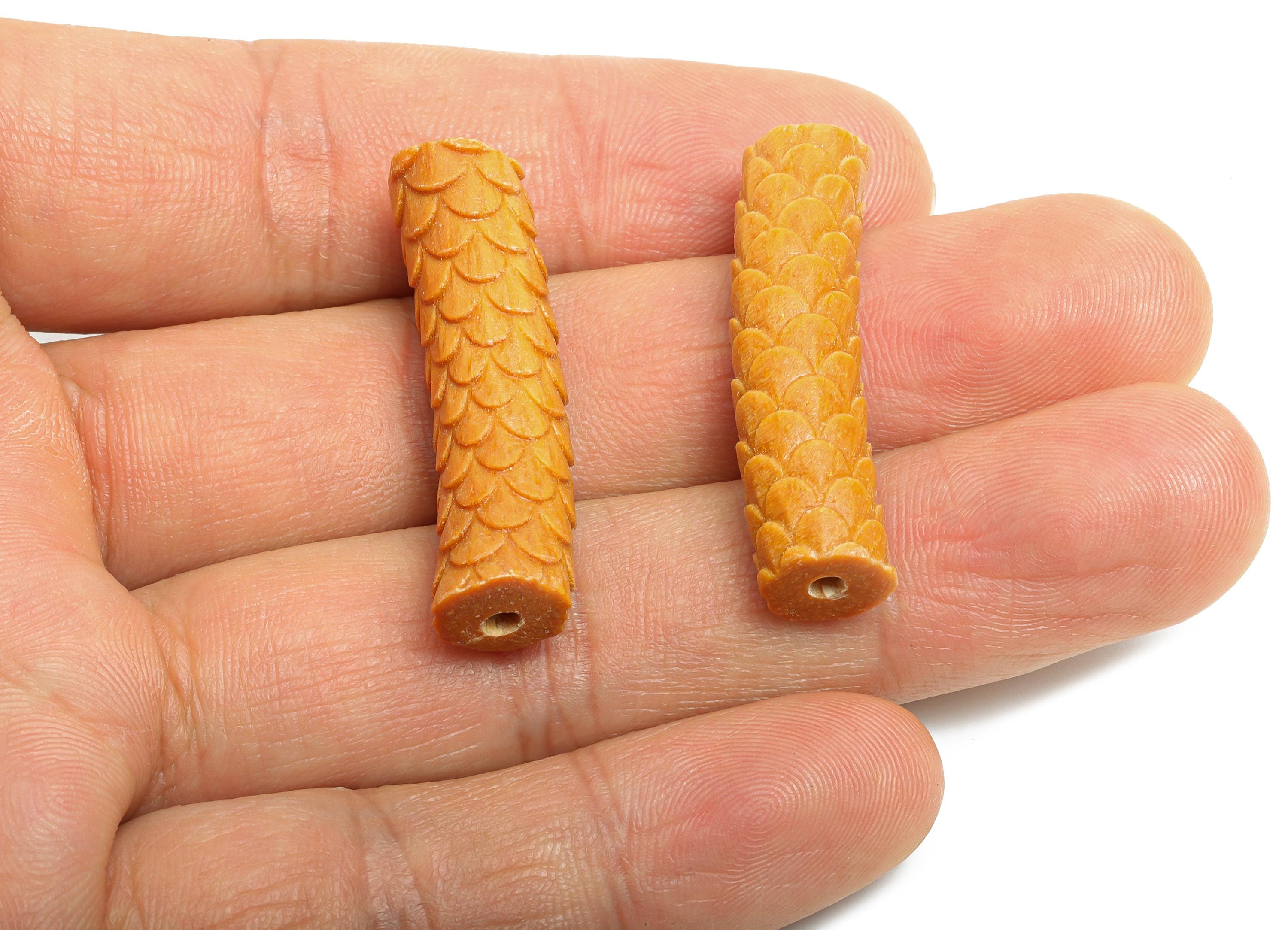 Carved Fish Scale Bead - Sandol Wood Textured Bead - Handcrafted Scale Cylindrical Bead - Scale Motif Wooden Tube Bead - 35x11x10mm - BB1326 - DOMEDBAZAAR