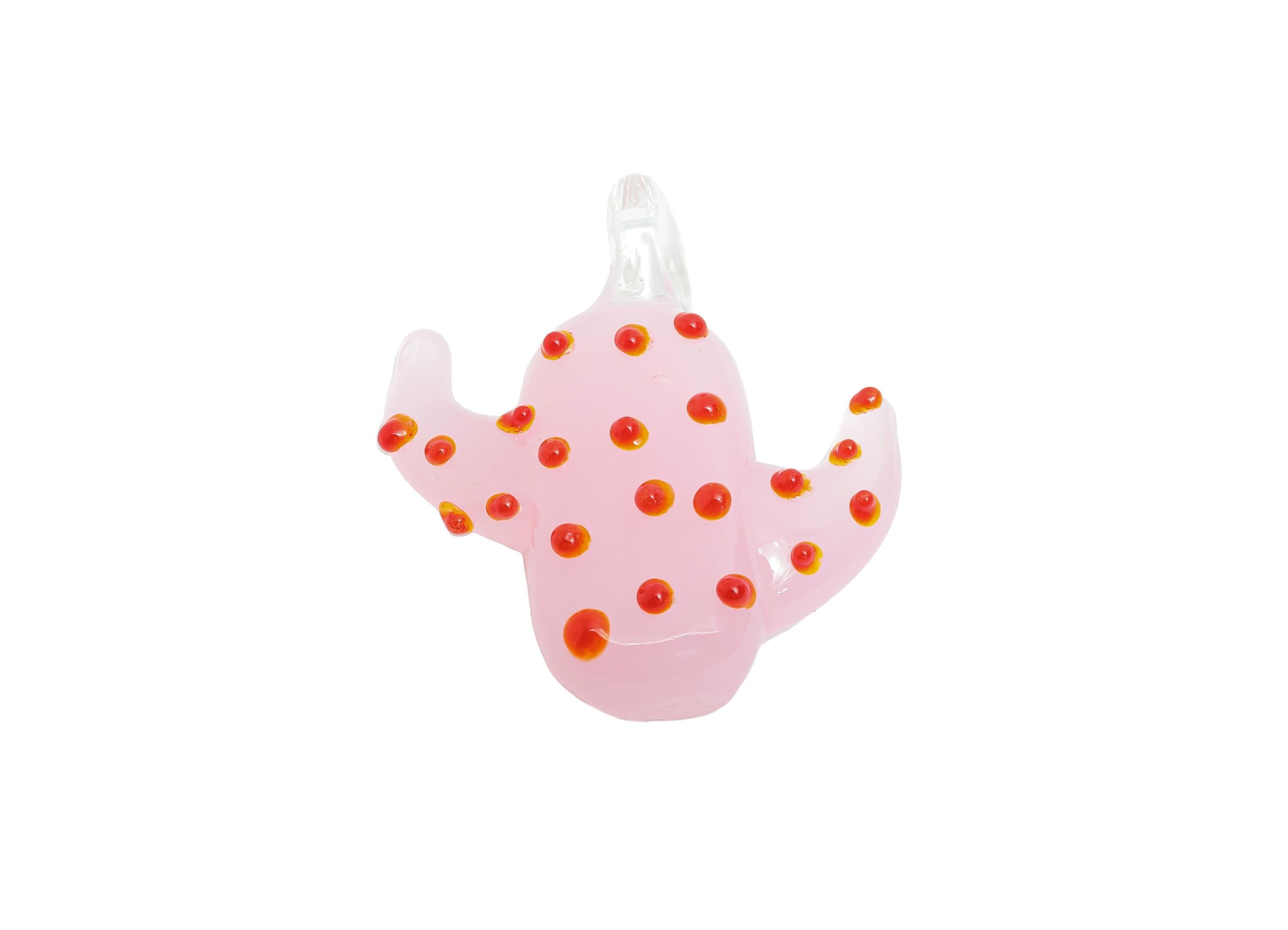 Handmade Glass Cactus Pendant - Enamel Pink Cactus Glass Pendant - Unique Desert Plant Glass Necklace Pendant - 33.94x31.35x9.15mm - GS1323 - DOMEDBAZAAR