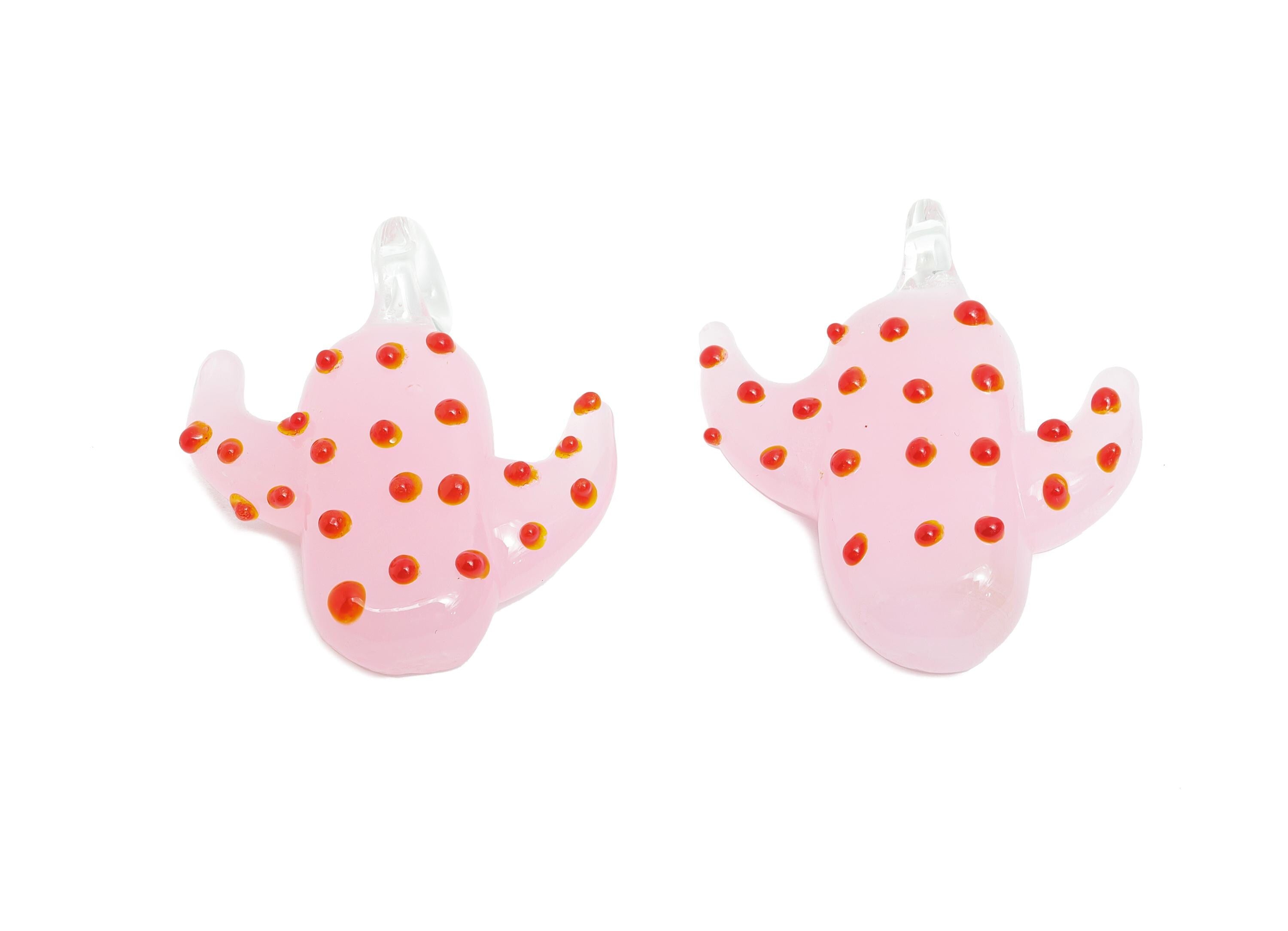 Handmade Glass Cactus Pendant - Enamel Pink Cactus Glass Pendant - Unique Desert Plant Glass Necklace Pendant - 33.94x31.35x9.15mm - GS1323 - DOMEDBAZAAR