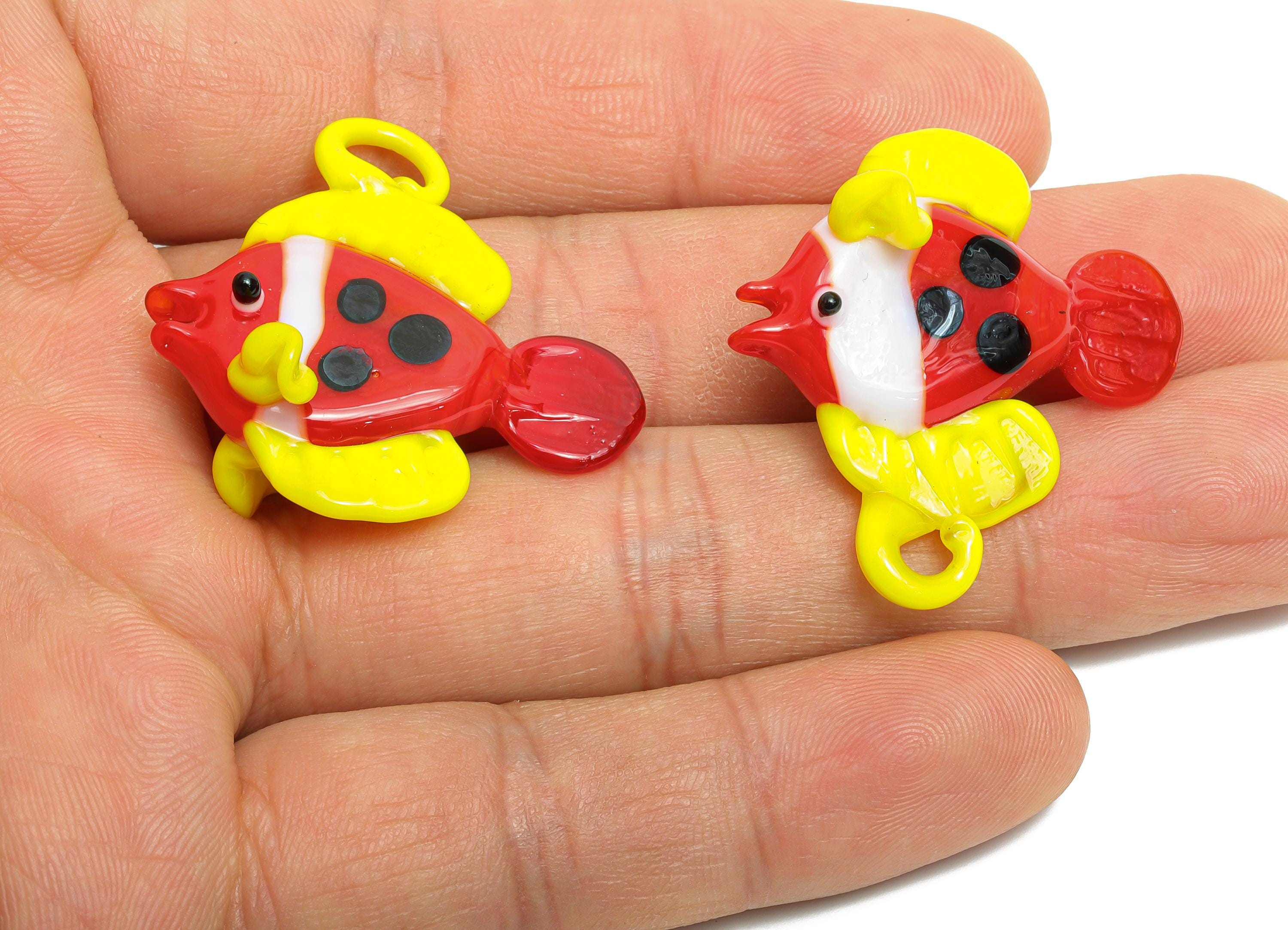 Handmade Glass Fish Pendant - Enamel Colorful Glass Marine Pendant - Red and Yellow Fish Necklace Pendant - Jewelry DIY- 34x33x19mm - GS1325 - DOMEDBAZAAR