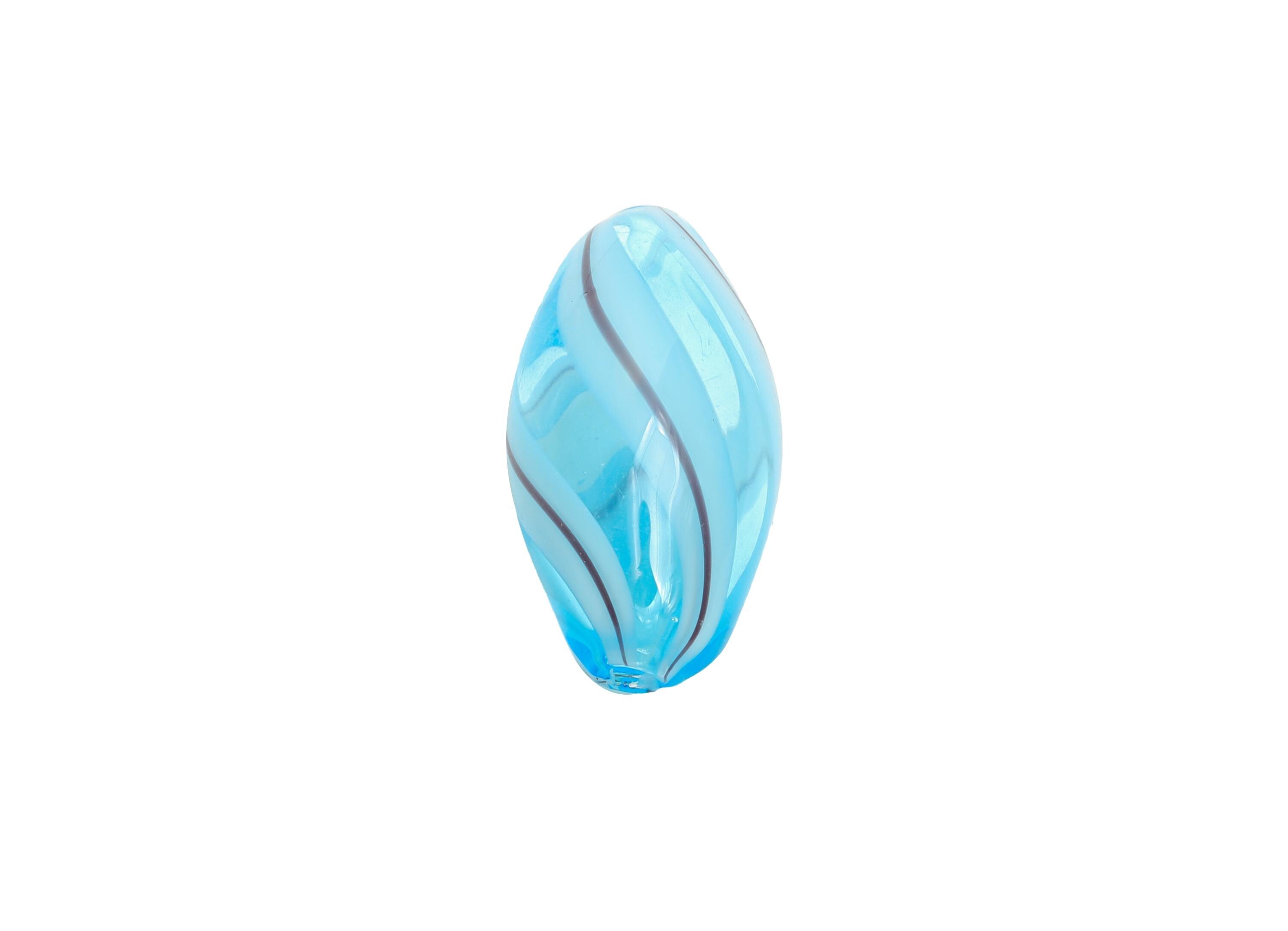 Twisted Glass Blue Bead - Enamel Handcrafted Lampwork Glass Charm - Handcrafted Striped Light Blue Glass Focal Bead - 23x11x11.96mm - GS1354 - DOMEDBAZAAR