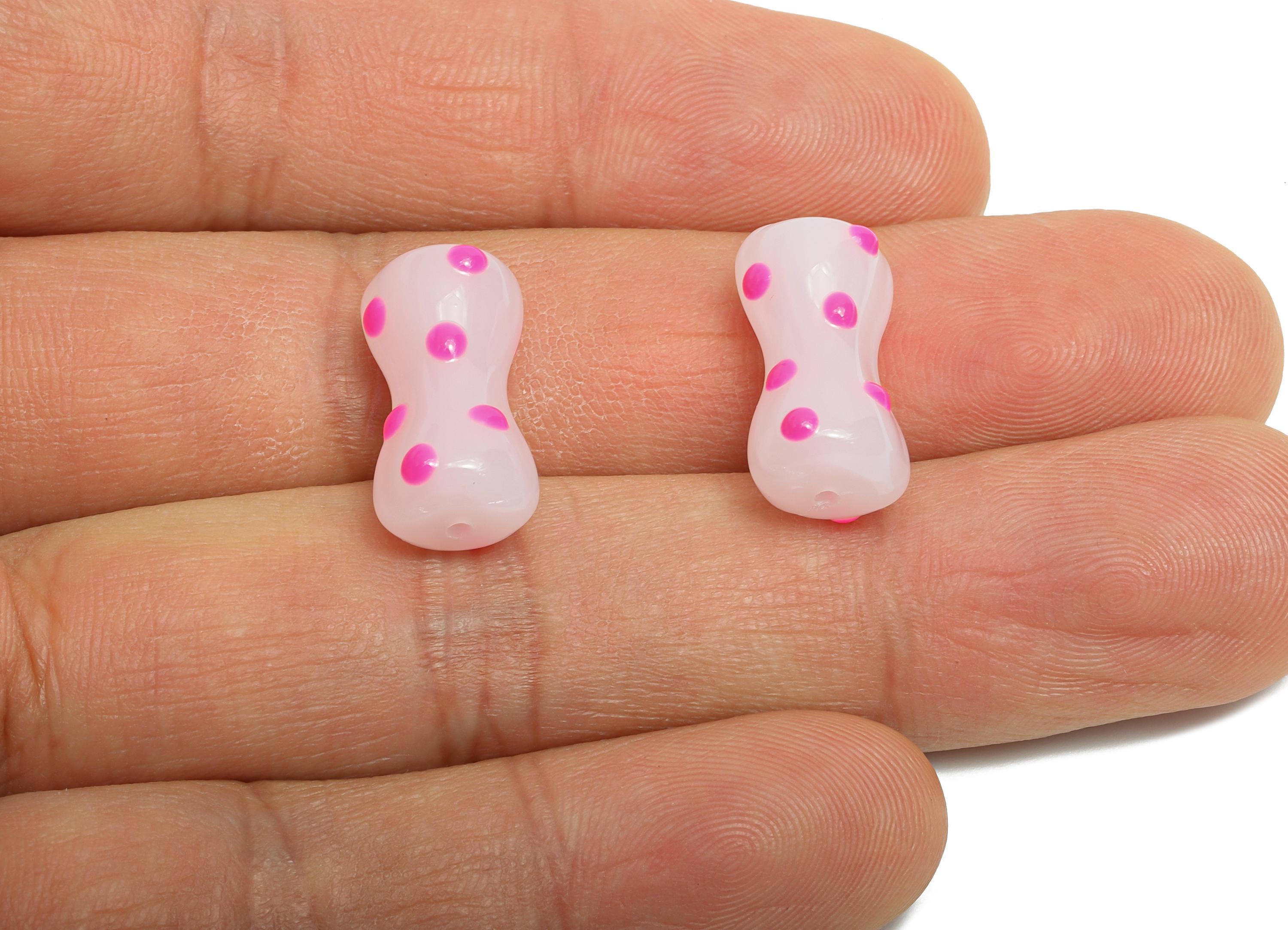 Handmade Glass Bone Bead - Enamel Pink Dot Bracelet Bead - Unique Glass Bead for Necklace - Jewelry Making - 17.69x9.15x8.52mm - GS1341D - DOMEDBAZAAR