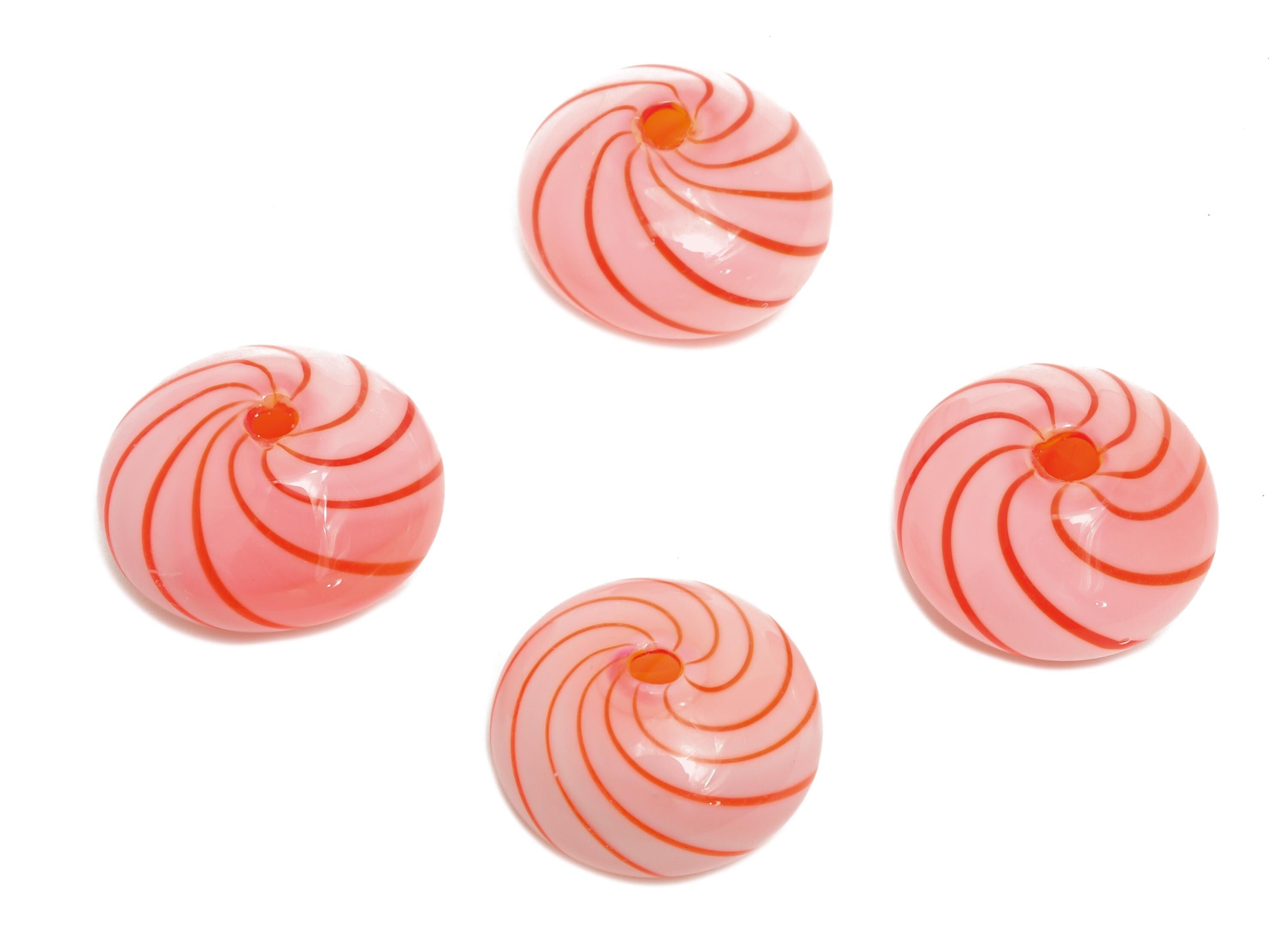 Candy Swirl Glass Beads - Enamel Pink Peppermint Twist Lampwork Bead - Handmade Pink Striped Donut Glass Beads - 15x15x9mm - GS1345 - DOMEDBAZAAR