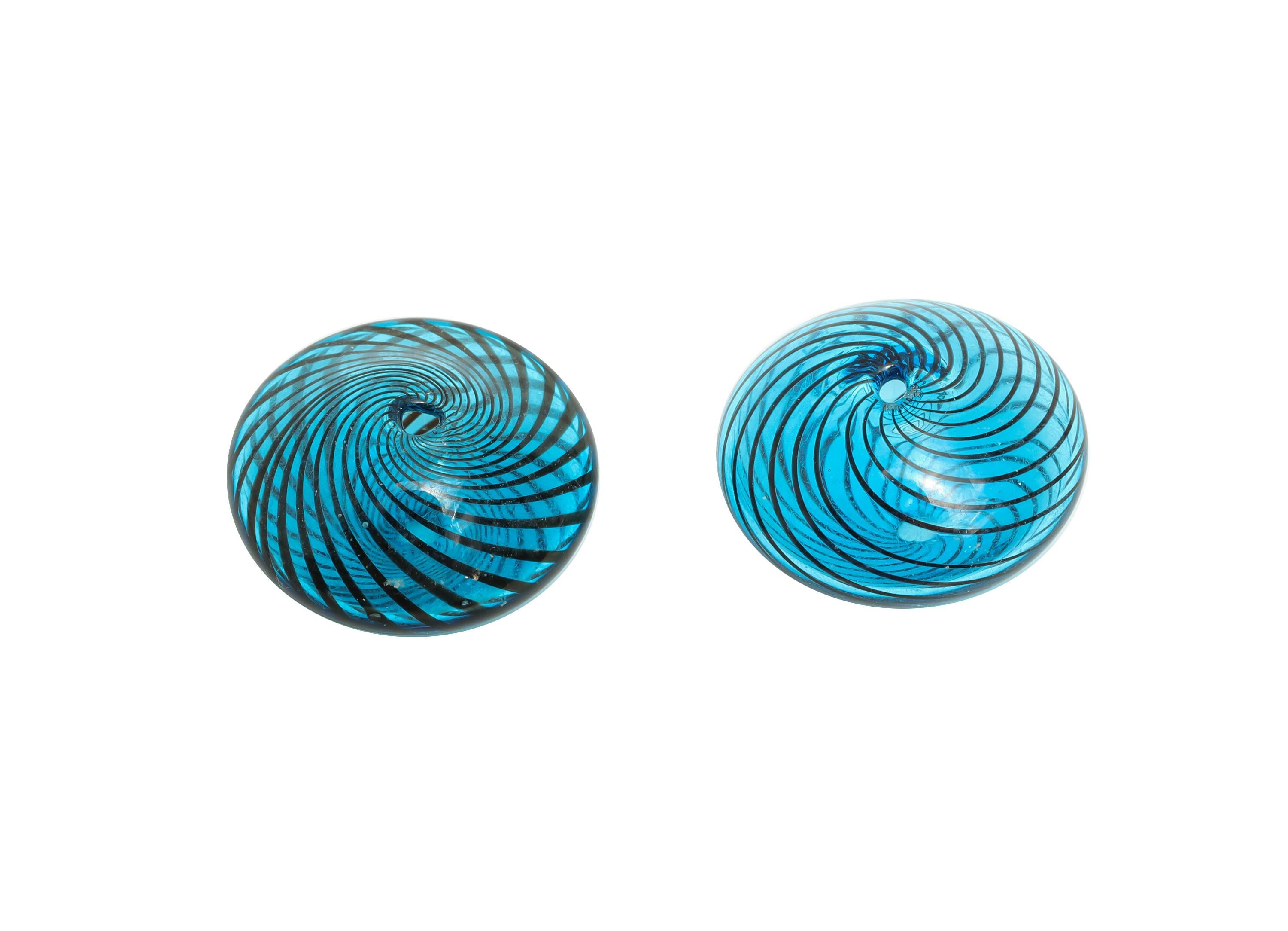 Candy Swirl Glass Beads - Enamel Blue Peppermint Twist Lampwork Bead - Handmade Blue Striped Donut Glass Beads - 19.94x20x11mm - GS1346 - DOMEDBAZAAR