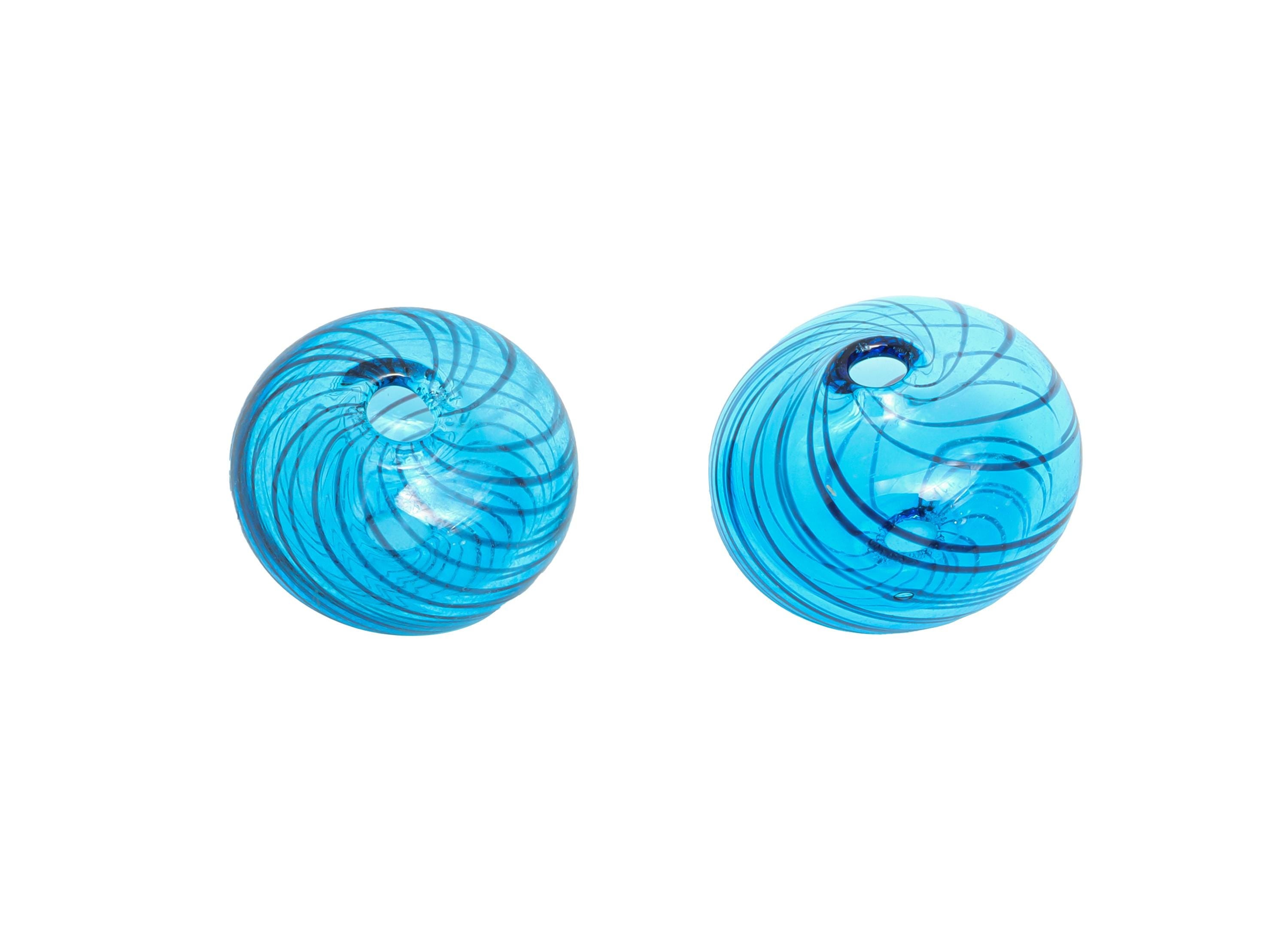 Candy Swirl Glass Beads - Enamel Blue Peppermint Twist Lampwork Bead - Handmade Blue Striped Donut Glass Beads - 17x17x12.83mm - GS1348 - DOMEDBAZAAR