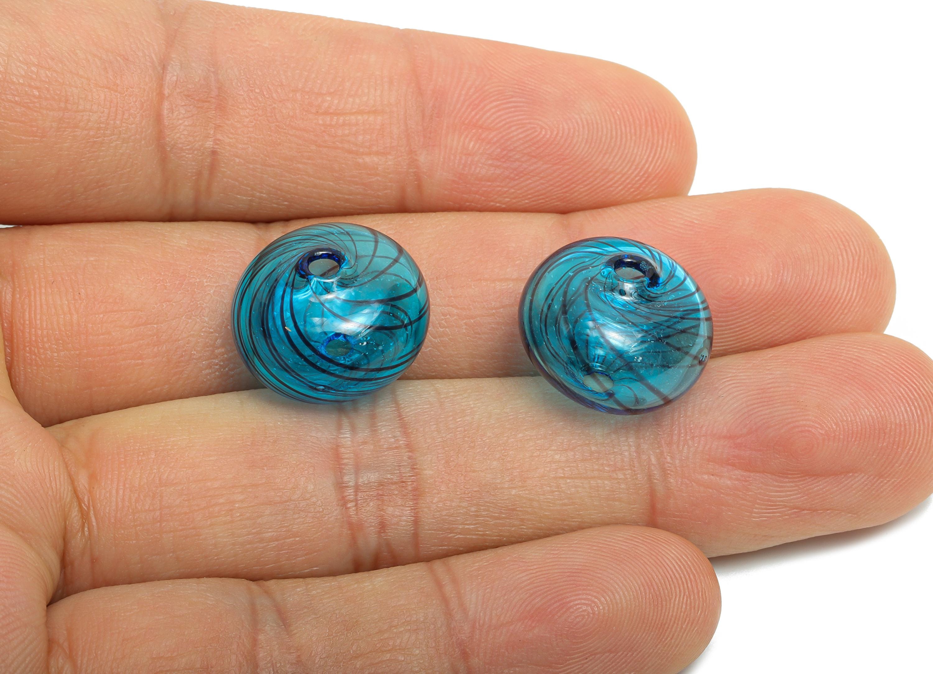 Candy Swirl Glass Beads - Enamel Blue Peppermint Twist Lampwork Bead - Handmade Blue Striped Donut Glass Beads - 17x17x12.83mm - GS1348 - DOMEDBAZAAR