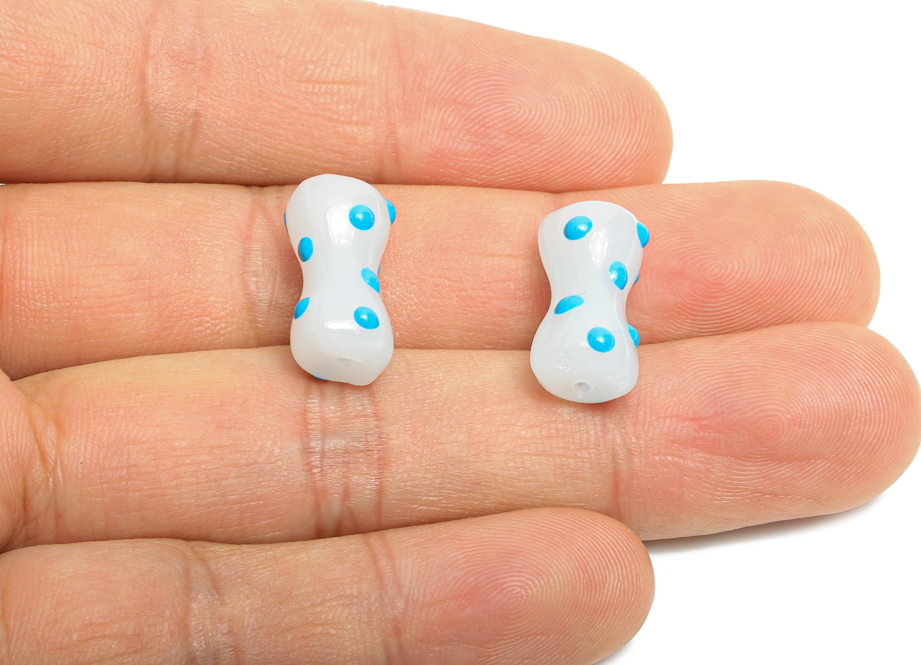 Handmade Glass Bone Beads - Enamel Blue Dot Bracelet Bead - Unique Glass Bead for Necklace - Jewelry Making - 17.78x9.27x8.16mm - GS1341C - DOMEDBAZAAR