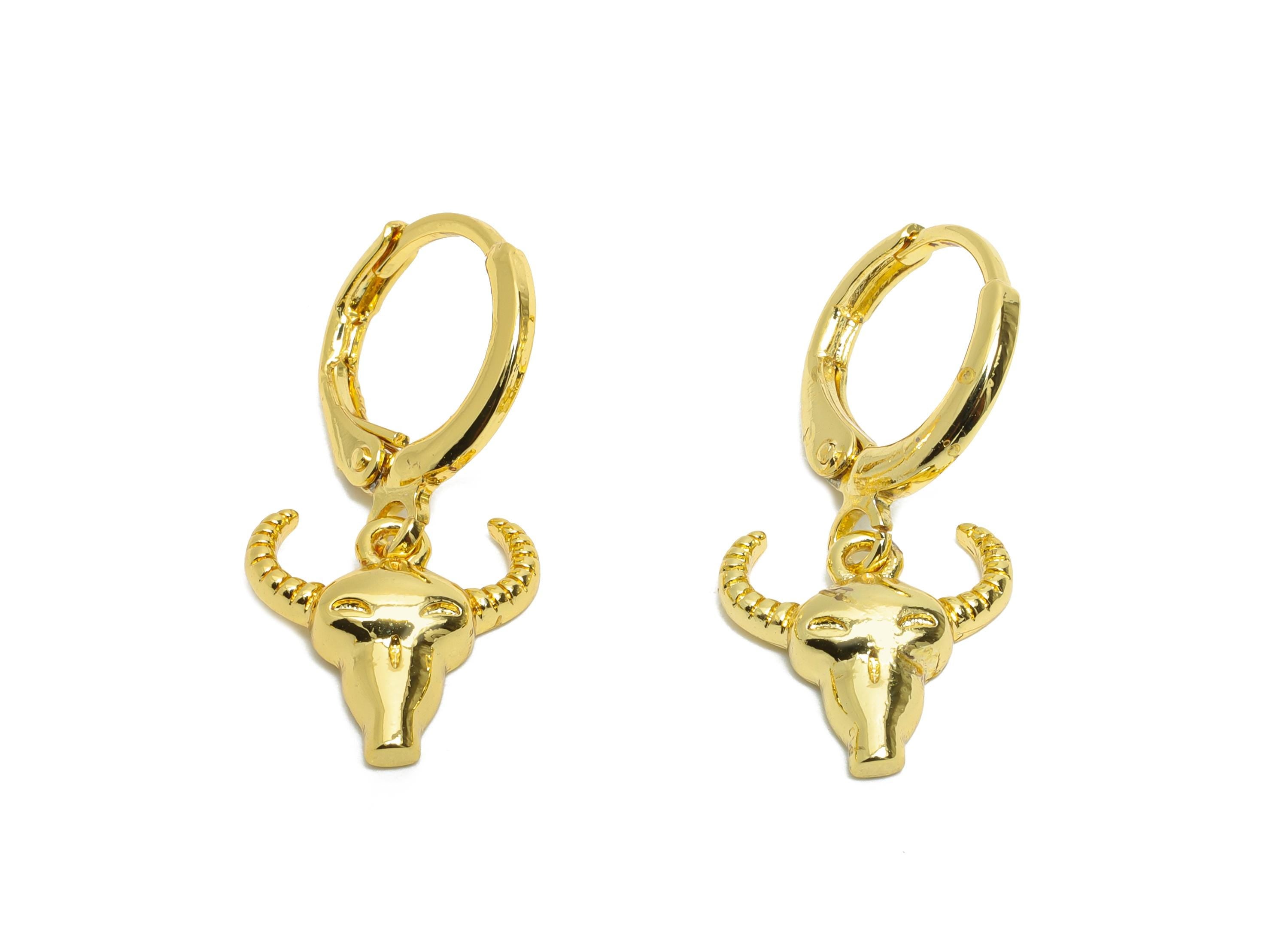Dangle Bull Hoop Lever back Earring - Gold Bull Head Hanging Earring - Brass Huggie Hoop Clasp - 18K Gold Plated -23.69x11.71x3.29mm-RGP9792 - DOMEDBAZAAR