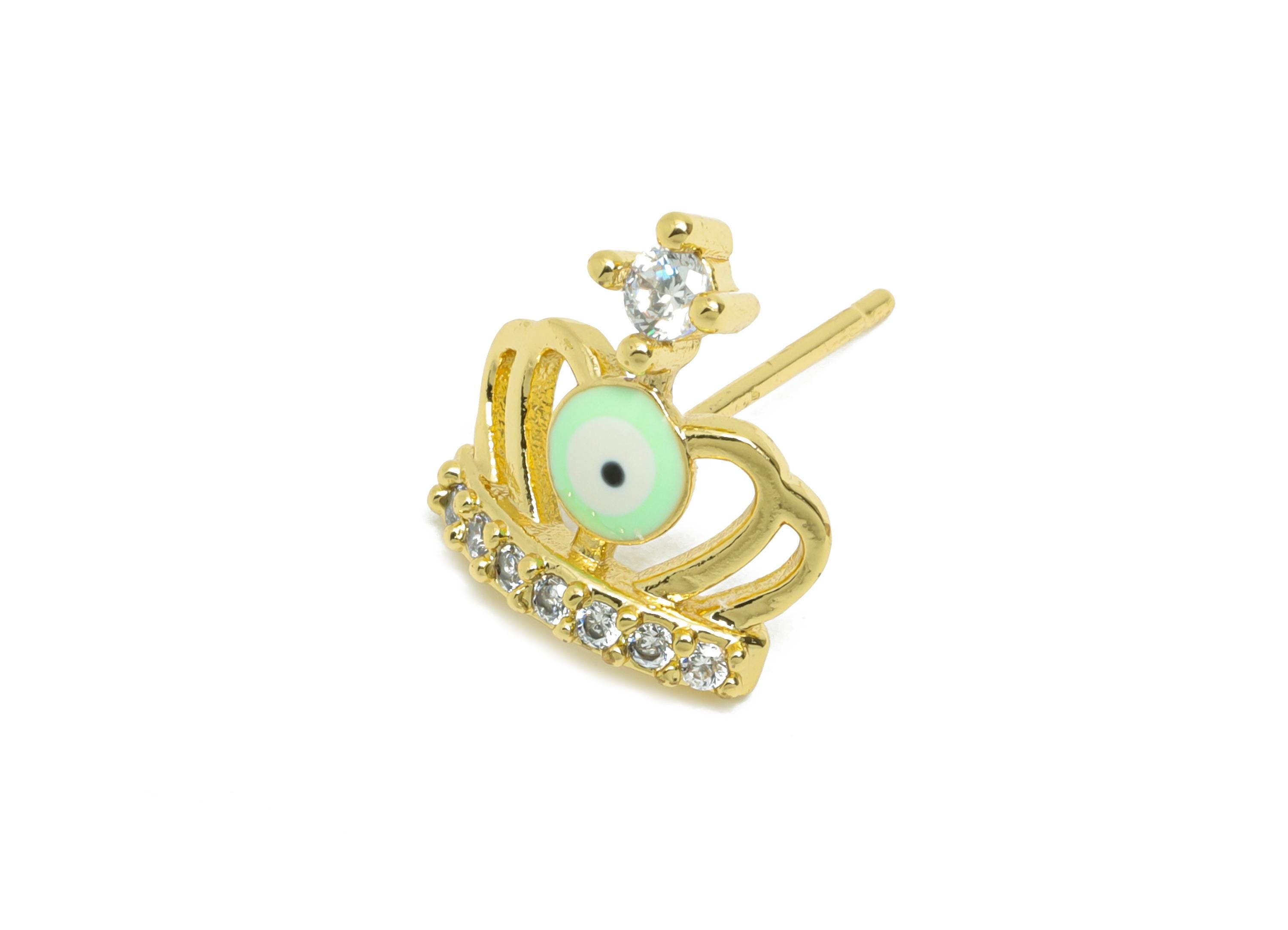 Brass CZ Crown Stud - Sparkling Enamel Eye Earring Post for Girls - Gold Minimalism Jewelry -18K Real Gold Plated -11.9x11.13x0.7mm -RGP9832 - DOMEDBAZAAR