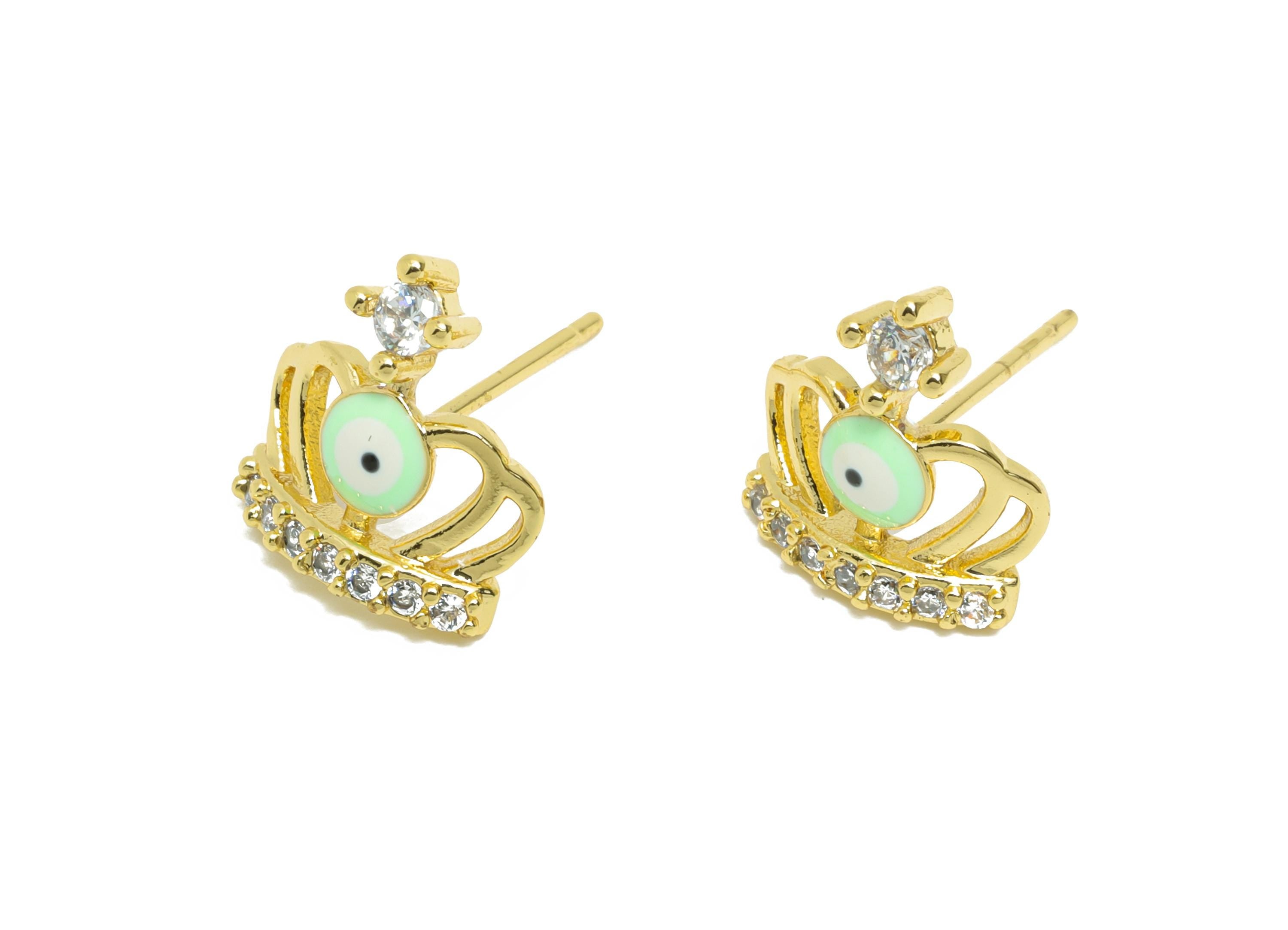 Brass CZ Crown Stud - Sparkling Enamel Eye Earring Post for Girls - Gold Minimalism Jewelry -18K Real Gold Plated -11.9x11.13x0.7mm -RGP9832 - DOMEDBAZAAR