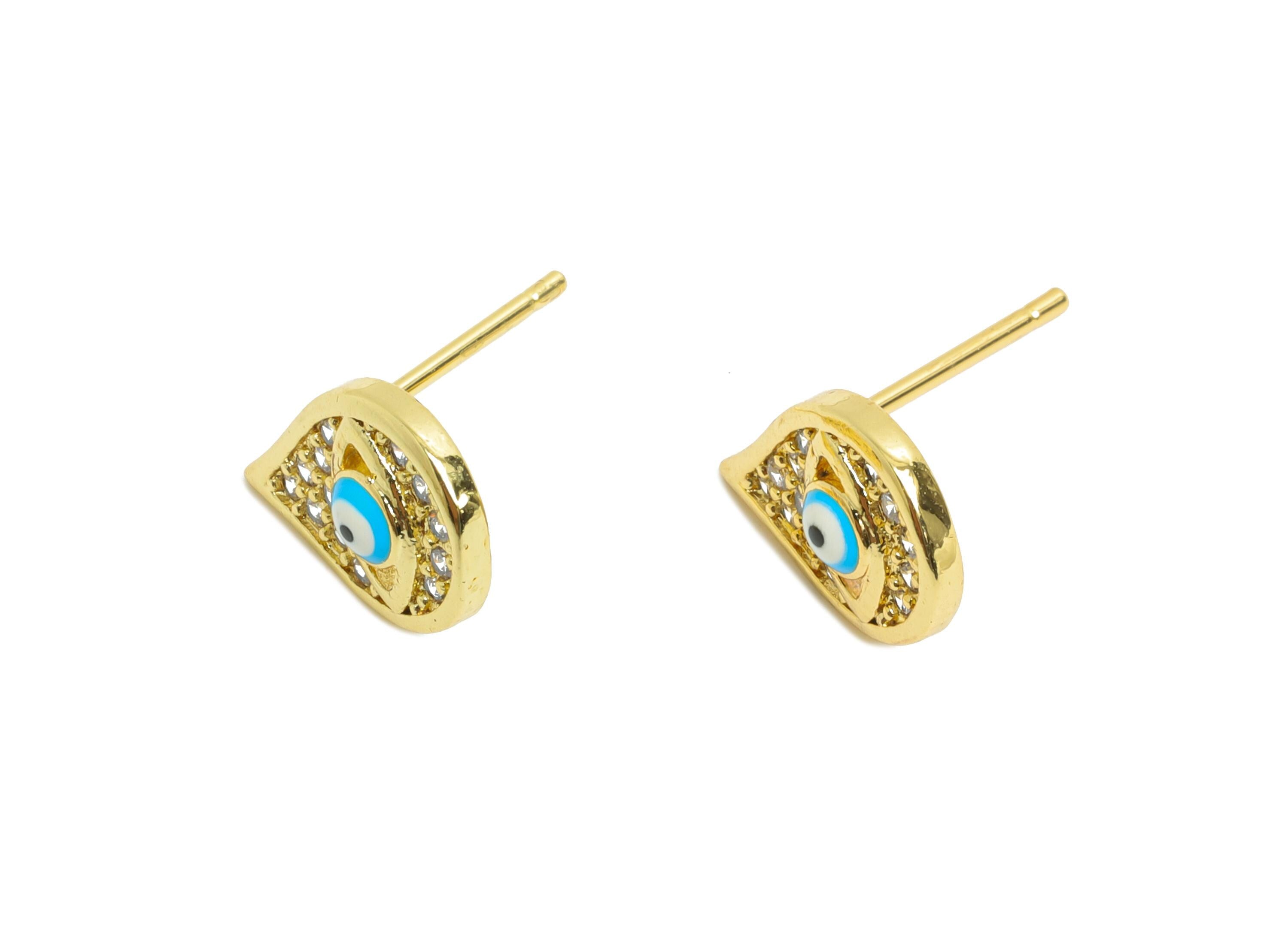 Brass CZ Drop Stud - Sparkling Enamel Eye Earring Post for Girls - Gold Minimalism Jewelry - 18K Gold Plated - 12.04x8.54x0.73mm - RGP9841 - DOMEDBAZAAR