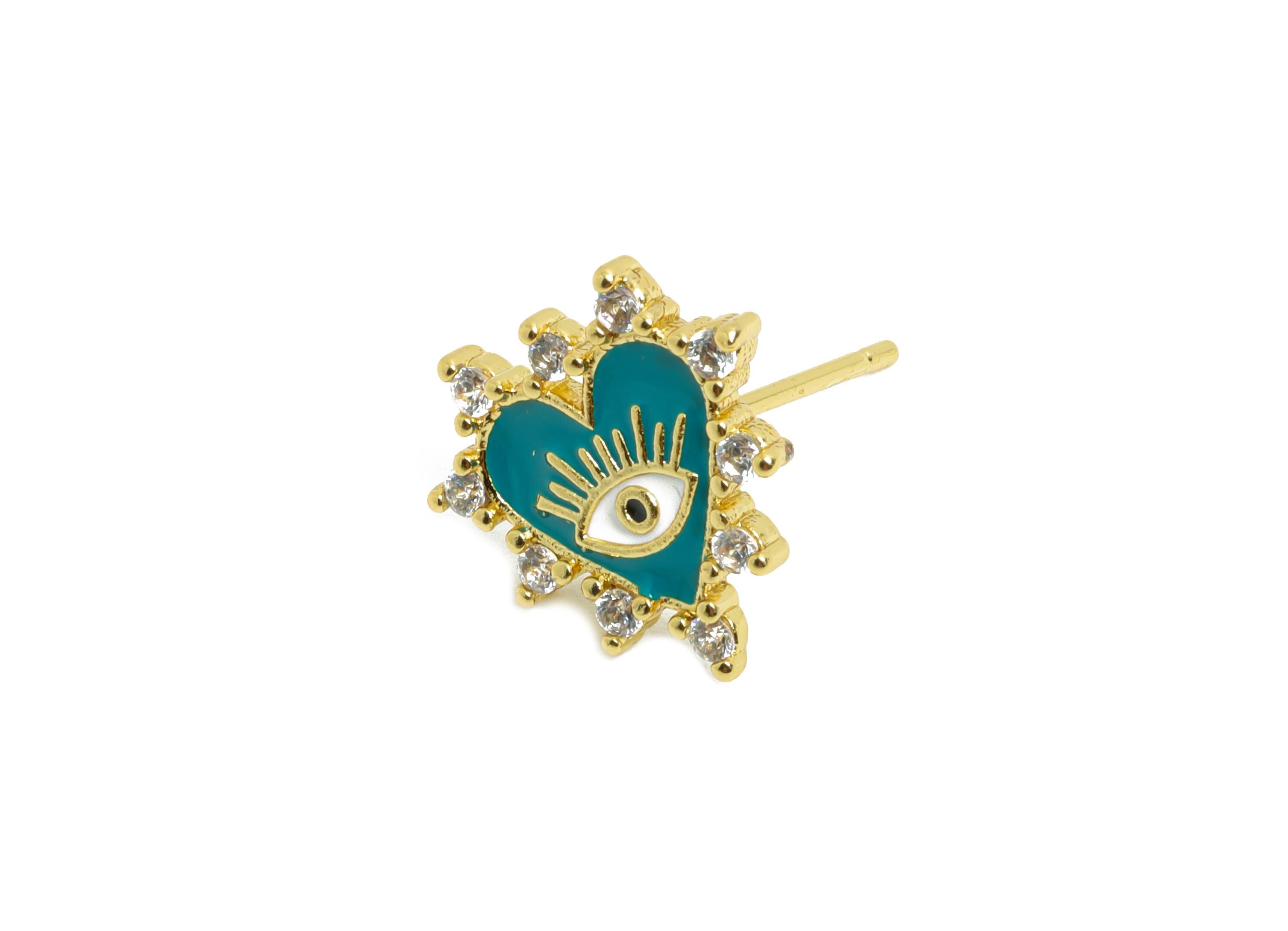 Brass CZ Heart Stud - Modern Enamel Eye Earring Post for Gift - Gold Sparkling Jewelry - 18K Real Gold Plated - 12.48x13.3x0.75mm - RGP9824 - DOMEDBAZAAR