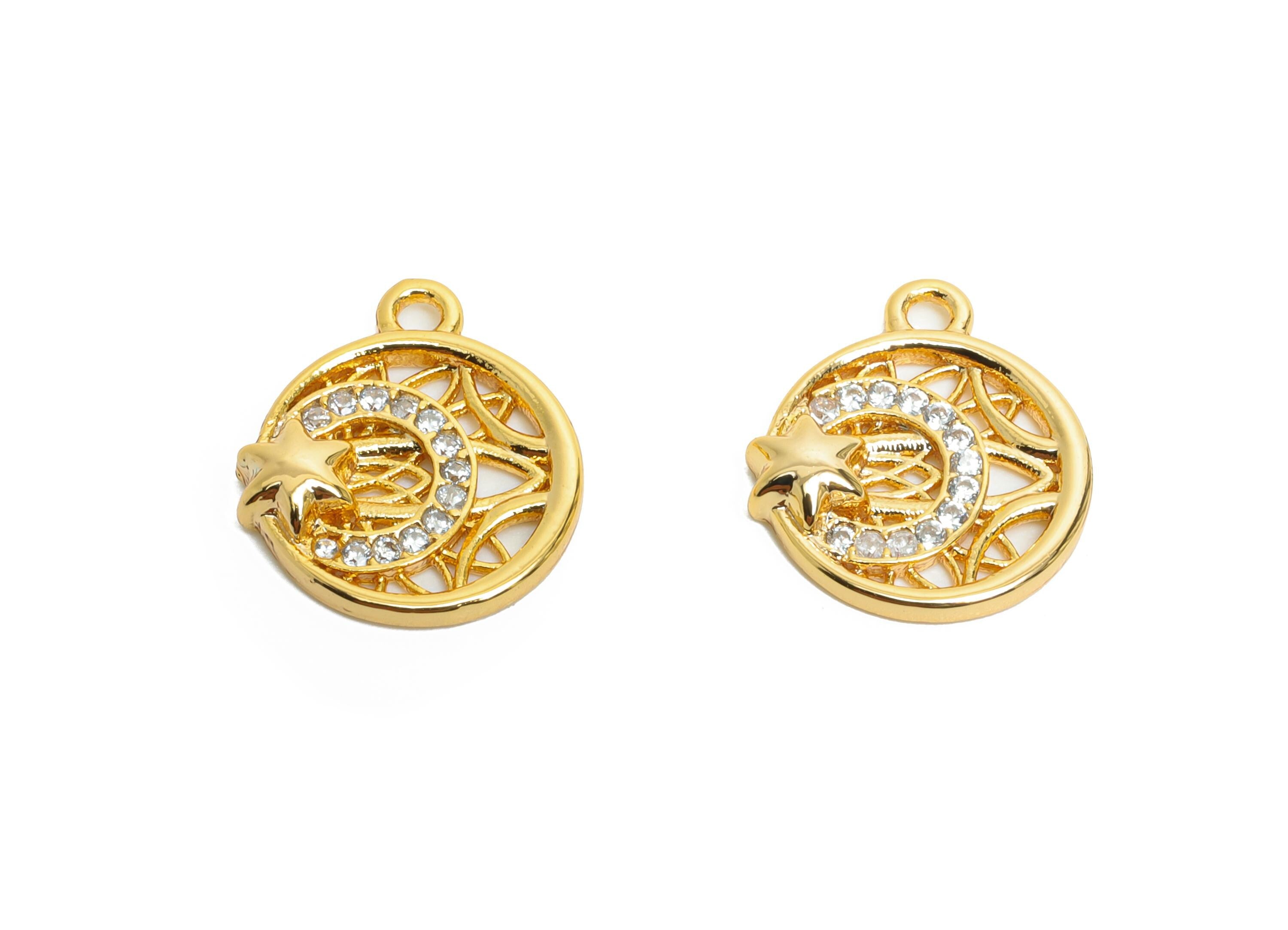 Brass Crescent Star Earring Charm - Shimmering Cubic Zircon Charm - Gold Jewelry - Dazzling Charm - 18K Real Gold Plated - 12x11x2mm-RGP9888 - DOMEDBAZAAR