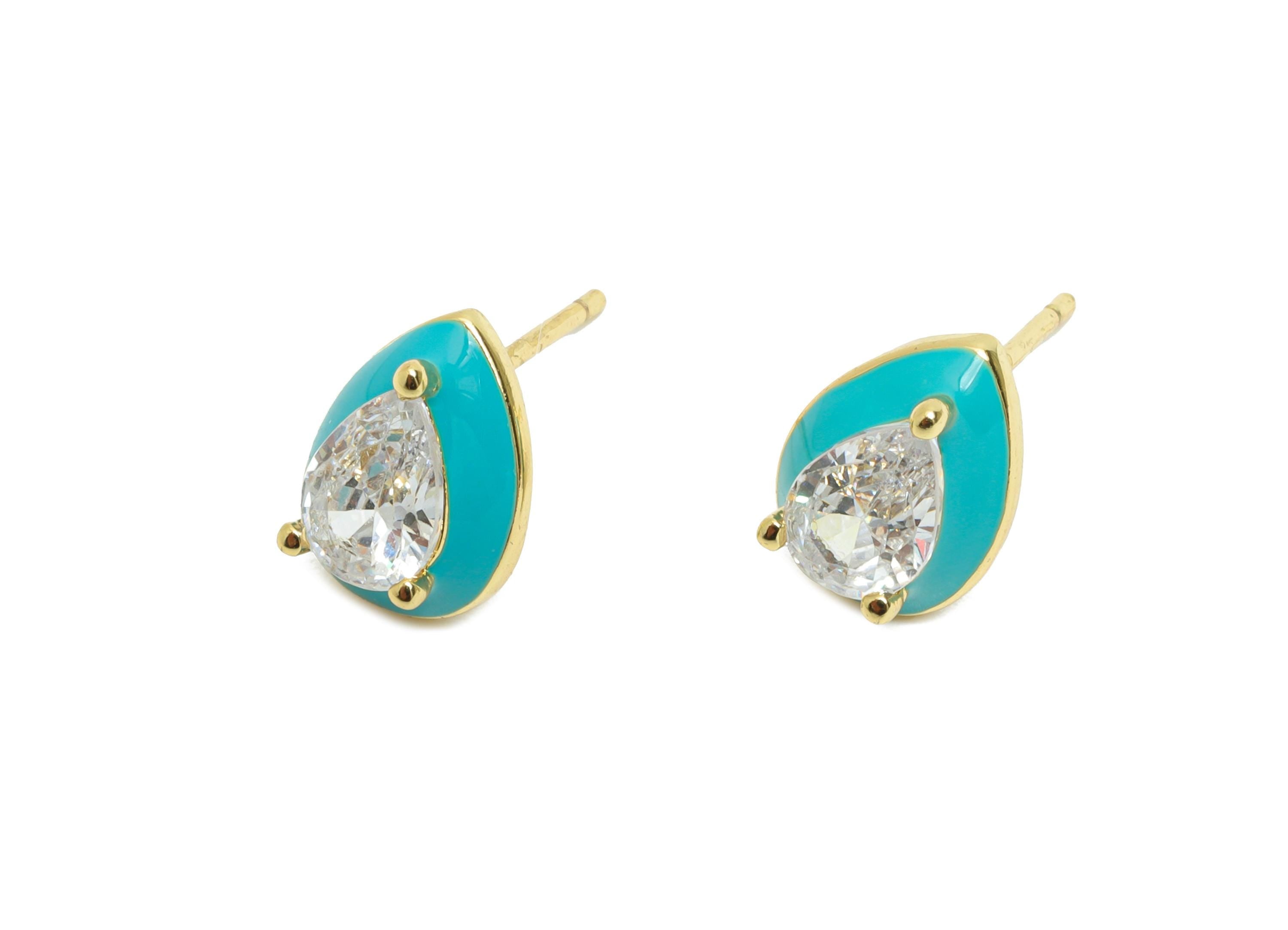 Brass CZ Drop Stud - Sparkling Zircon Enamel Earring Post for Gift - Gold Refined Jewelry - 18K Real Gold Plated - 10.73x7.9x0.79mm -RGP9840 - DOMEDBAZAAR