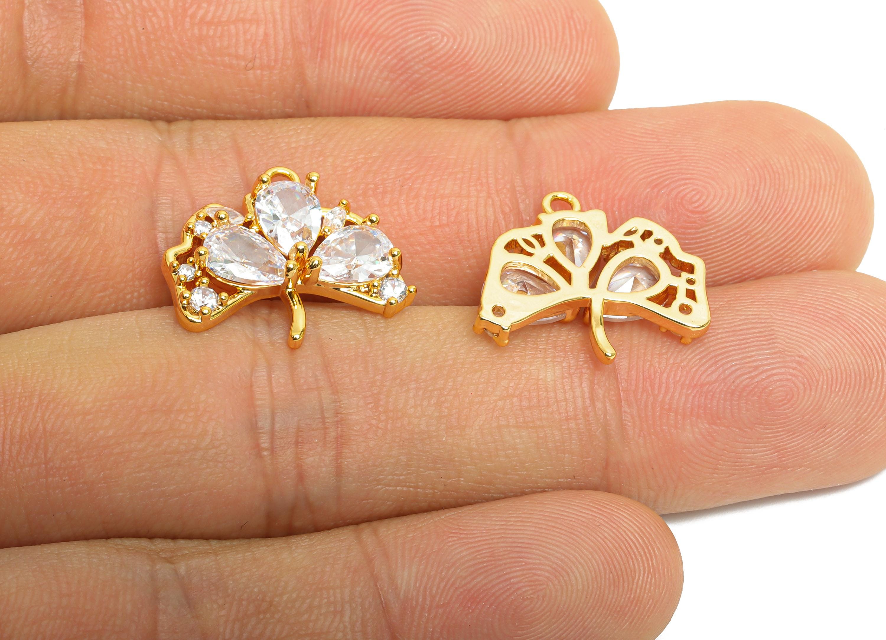 Brass Leaf Earring Charm - Ginkgo Leaf Cubic Zircon Drop Charm - Gold Jewelry - Nature Charm - 18K Real Gold Plated - 17x16x3.7mm - RGP9894 - DOMEDBAZAAR